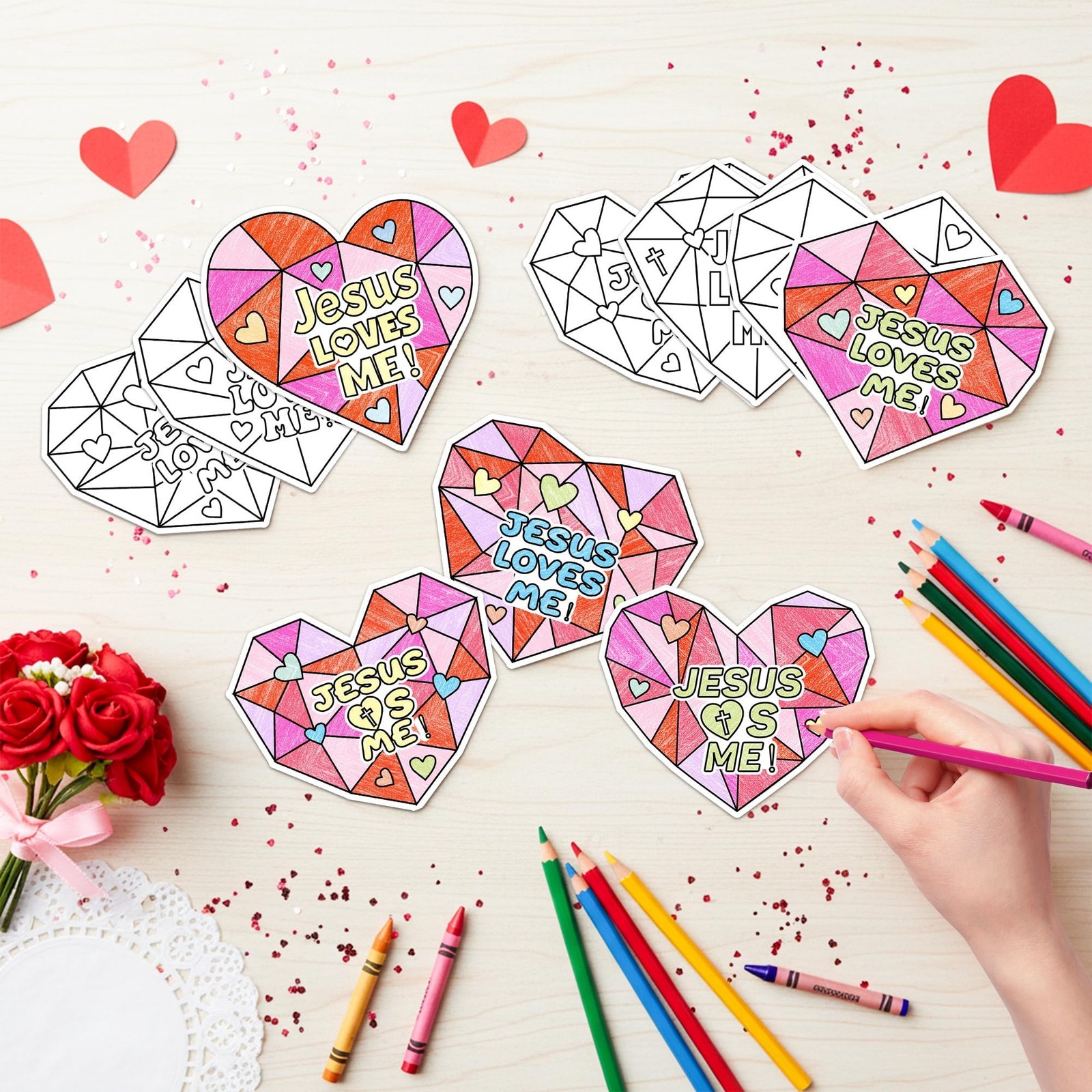 JAPBOR Valentines Christian Coloring 4.8 x 4.3 inches, Red, Pink, Yellow