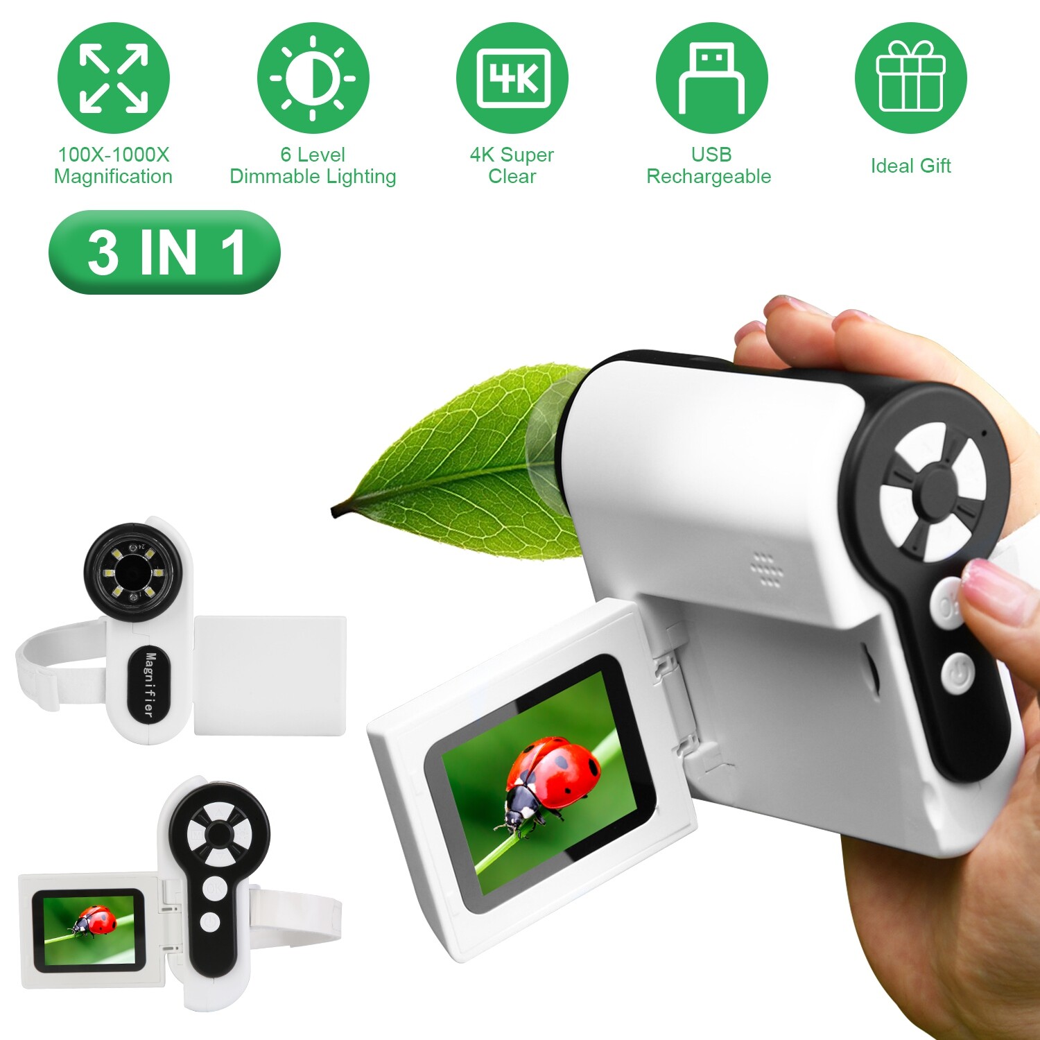 4K Kids Microscope 2″ IPS Screen 1000X Handheld Digital Microscopes 32GB Card