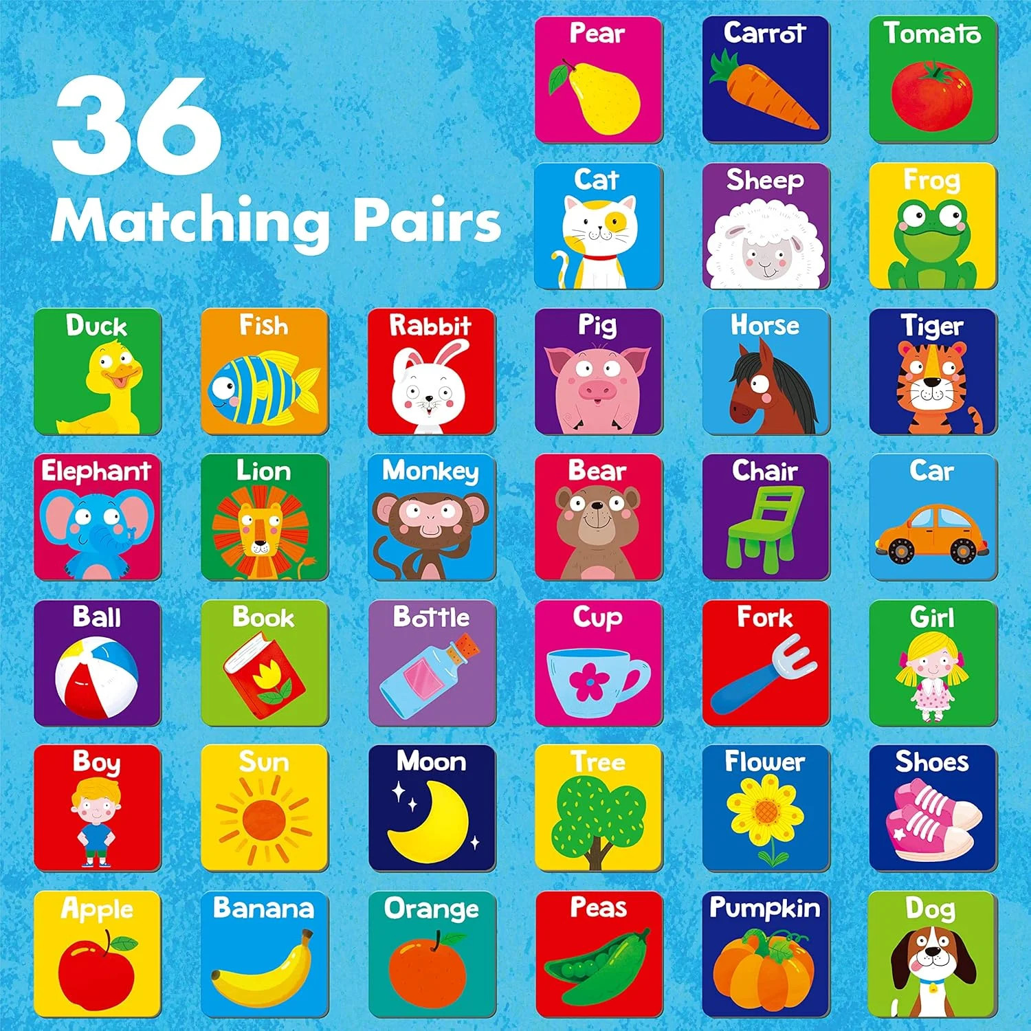 72 PCS First Words Memory Matching Game Toddler Cards 36 Pairs Kids Learning