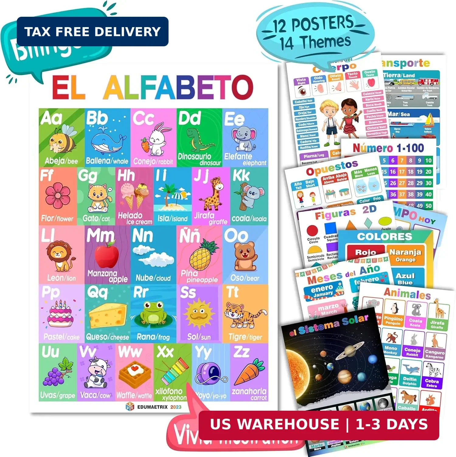 12 Spanish English Bilingual Educational Posters Water Proof Learning Chart for