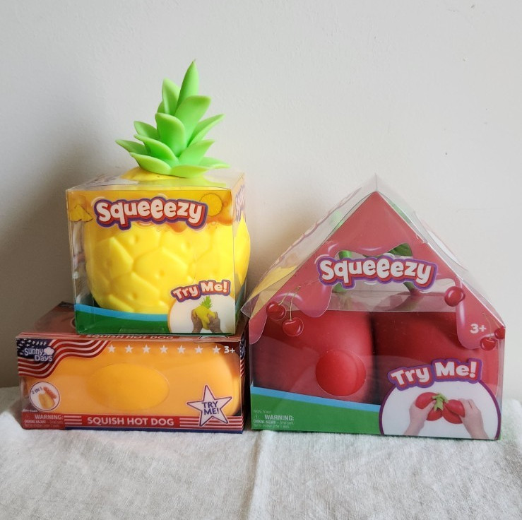 SUNNY DAYS PINEAPPLE, HOT DOG, CHERRY LOT OF 3 SENSORY STRESS RELIEF TOYS SQUISH