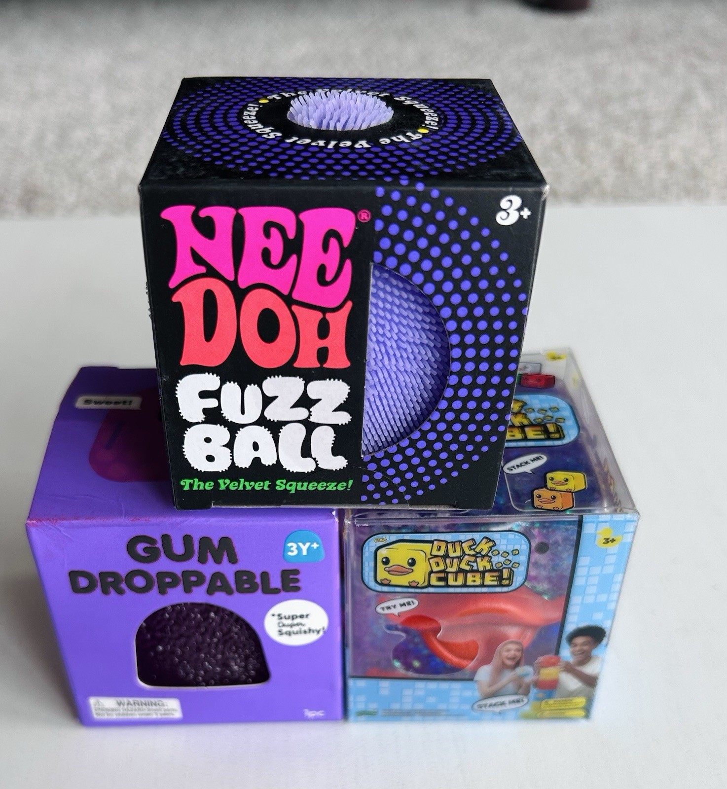 Authentic RARE NeeDoh Fuzz Ball, J’adore Gum Droppable & Duck Duck Cube Squishy