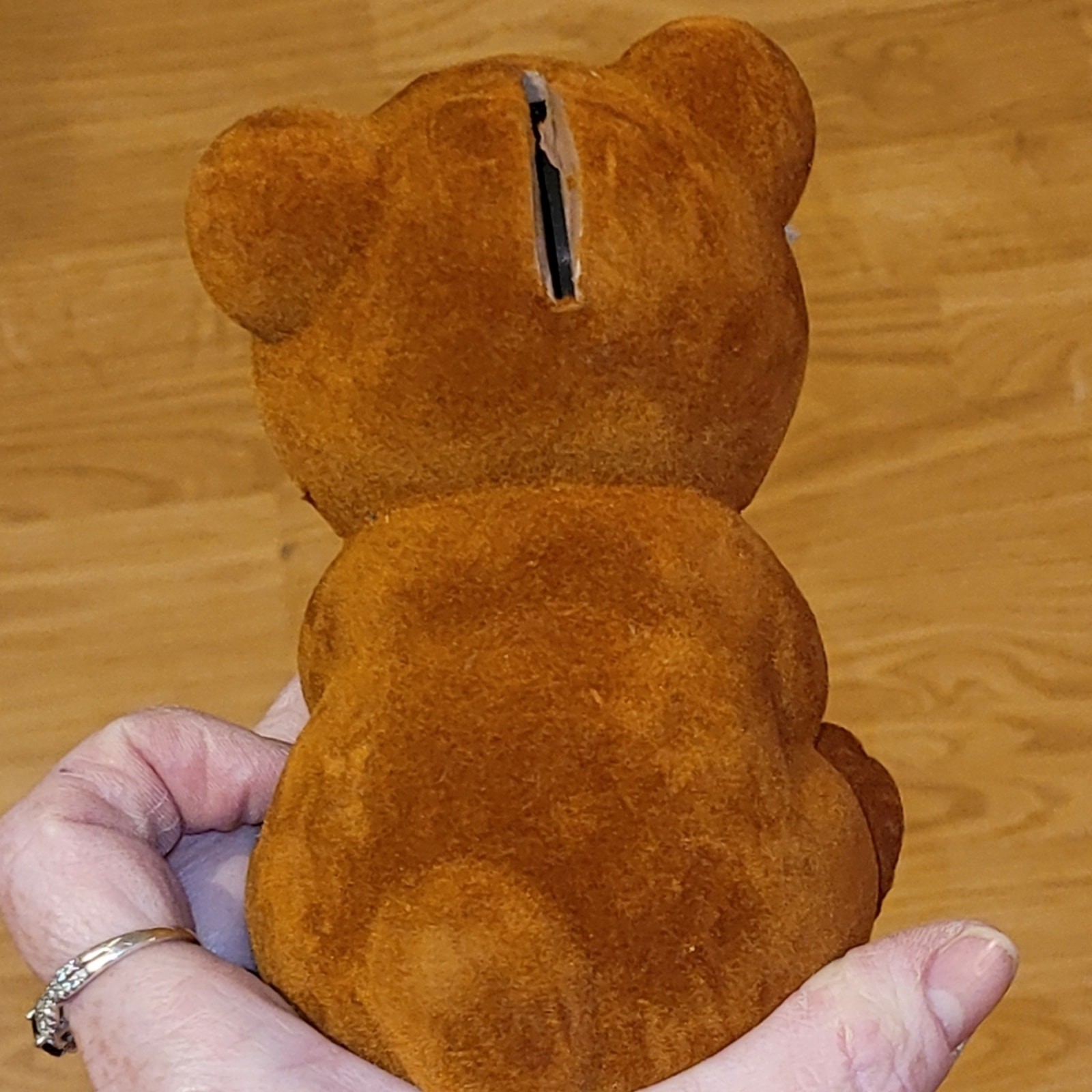 Vintage Flocked Teddy Bear Holding An Apple Bank Teacher Cottagecore KidCore