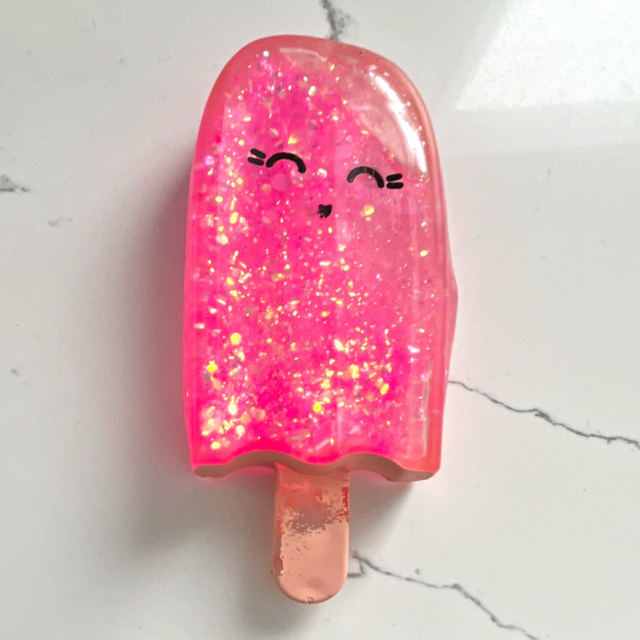 Popsicle-Shaped Tactile Squeeze Toy, Pink Glitter, Smiling Face