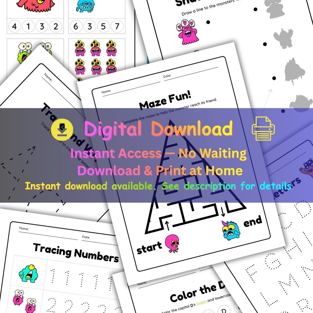 Kids Monsters Printable Activity Book | Learning Activity worksheets