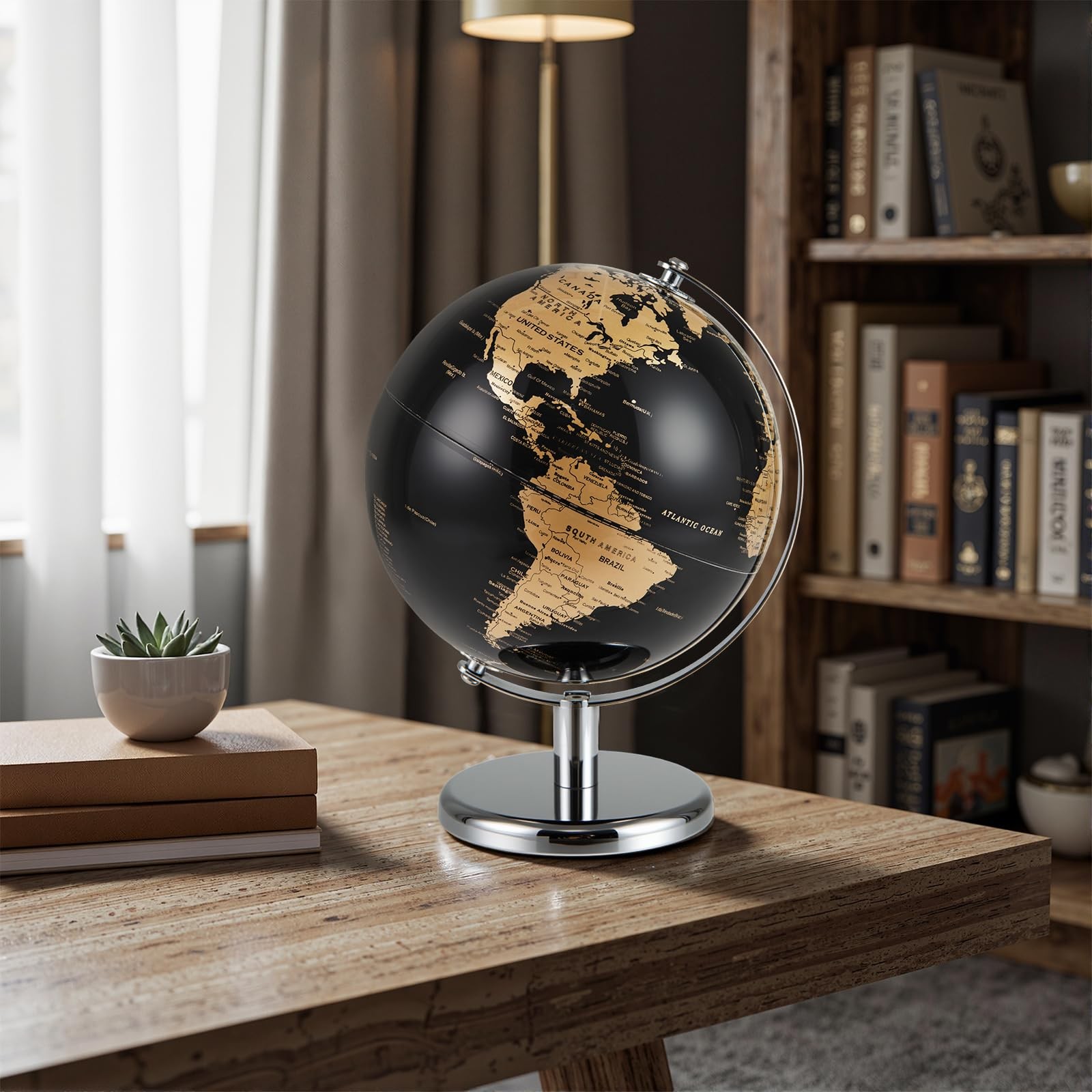 Toolsempire 8″ World Globe, Black Earth Globe with Gold Accents, Metal