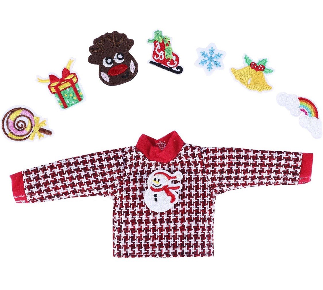 Santa Elf Christmas Sweater Set 1 Sweater with 8 Attachable Decals Snowman Bells