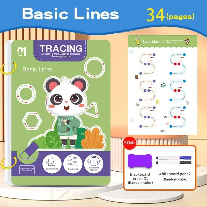 34-Page Children’s Reusable Workbook Set with Erasable Pen – Early Learning of W