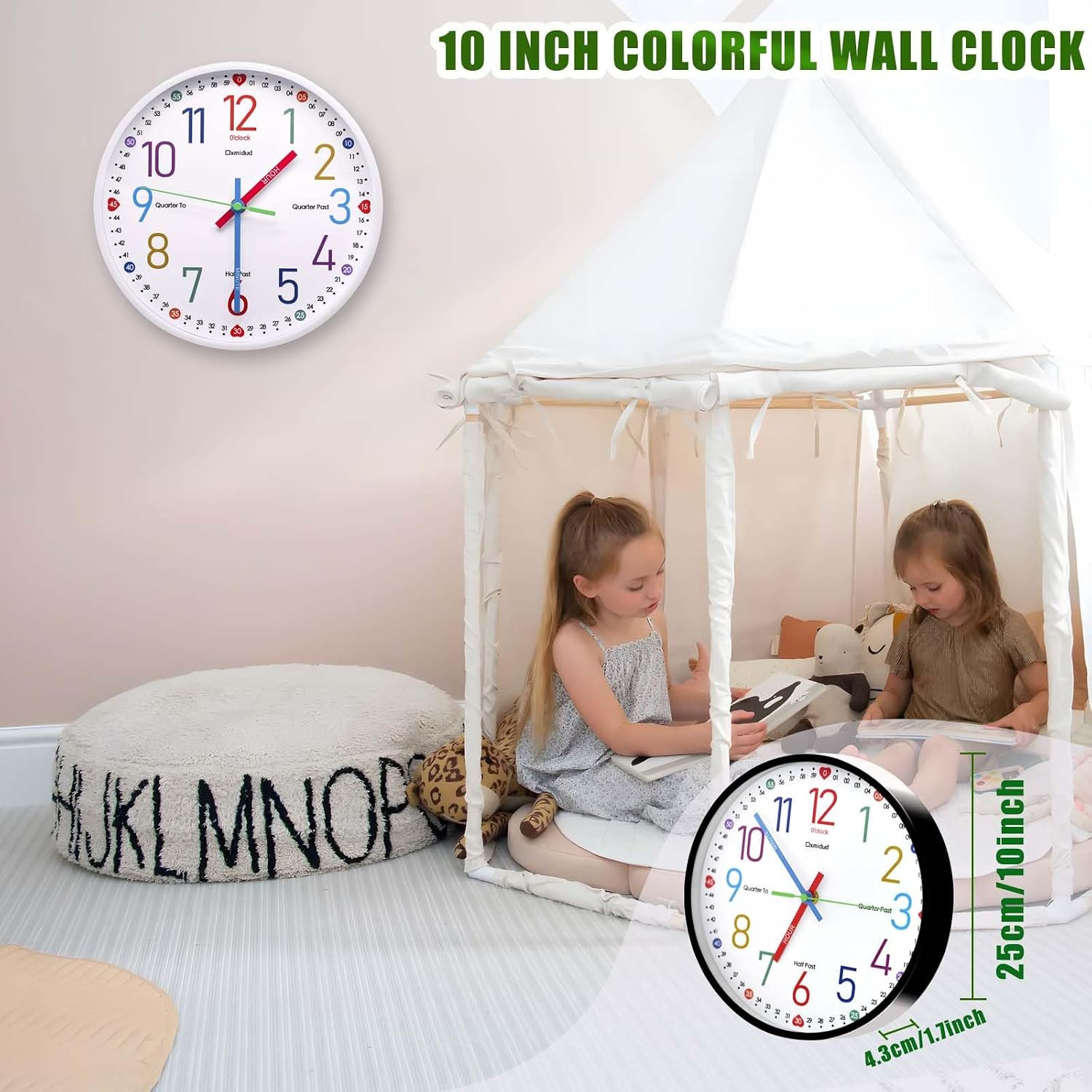 Learning Clock for Kids, 10” Silent Non-Ticking Teaching to Tell Time Colorful