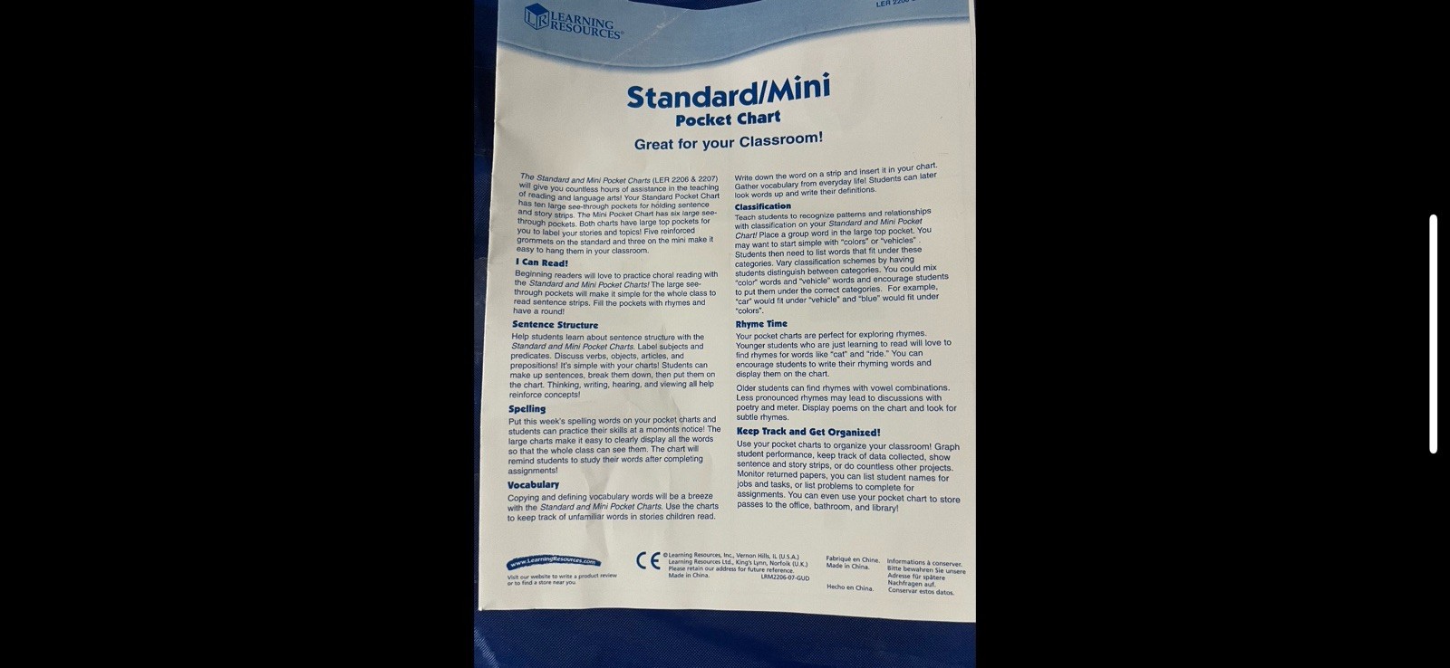 Learning Resources Standard Pocket Chart W/ Word Families Pocket Chart Card Set