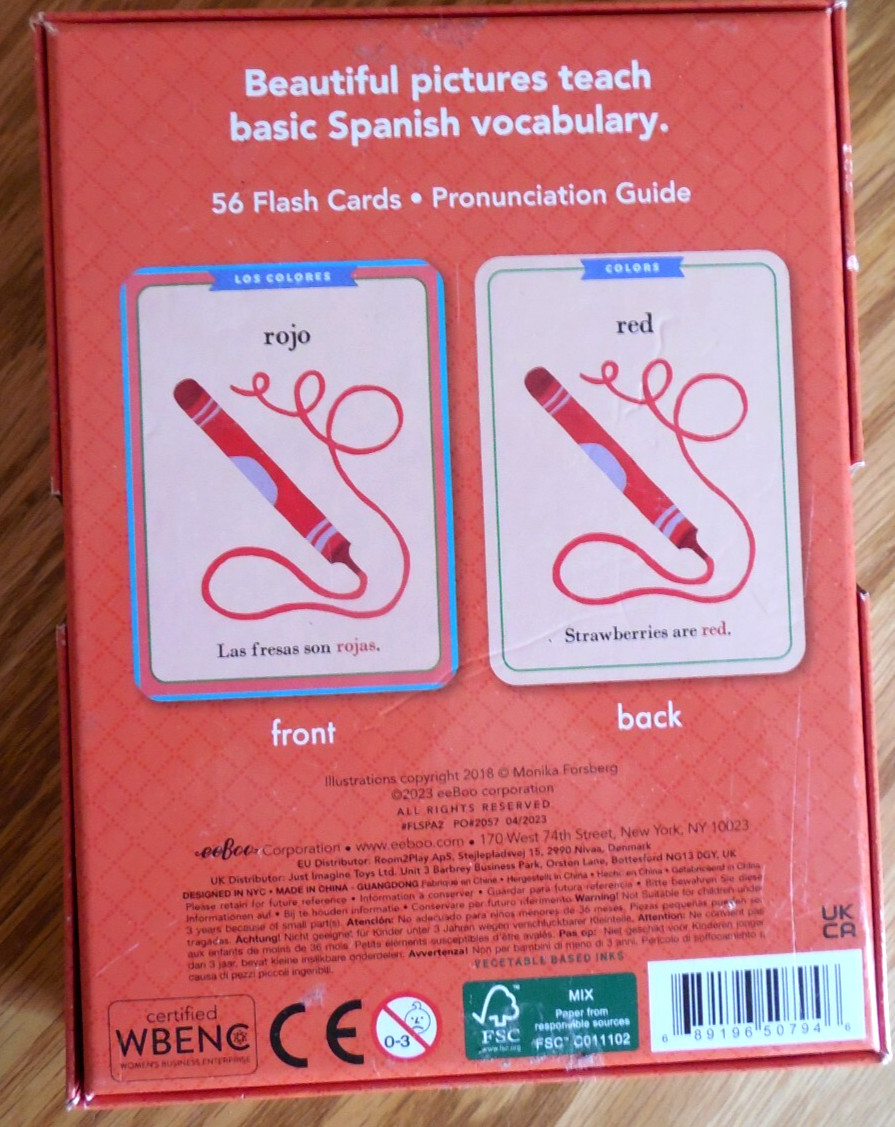 MINT 2018 eeBoo “Spanish Vocabulary Flash Cards” w Pronunciation Guide Ages 4+
