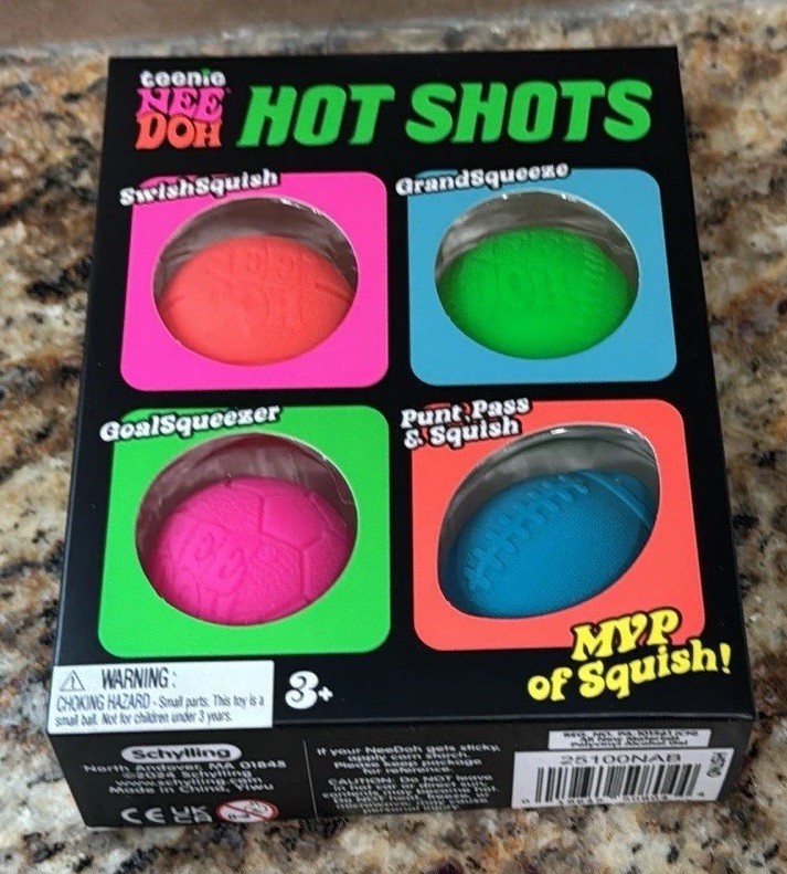 NeeDoh Teenie HOT SHOTS Squeeze Ball Four Different Sports Nee Doh Squish Stress