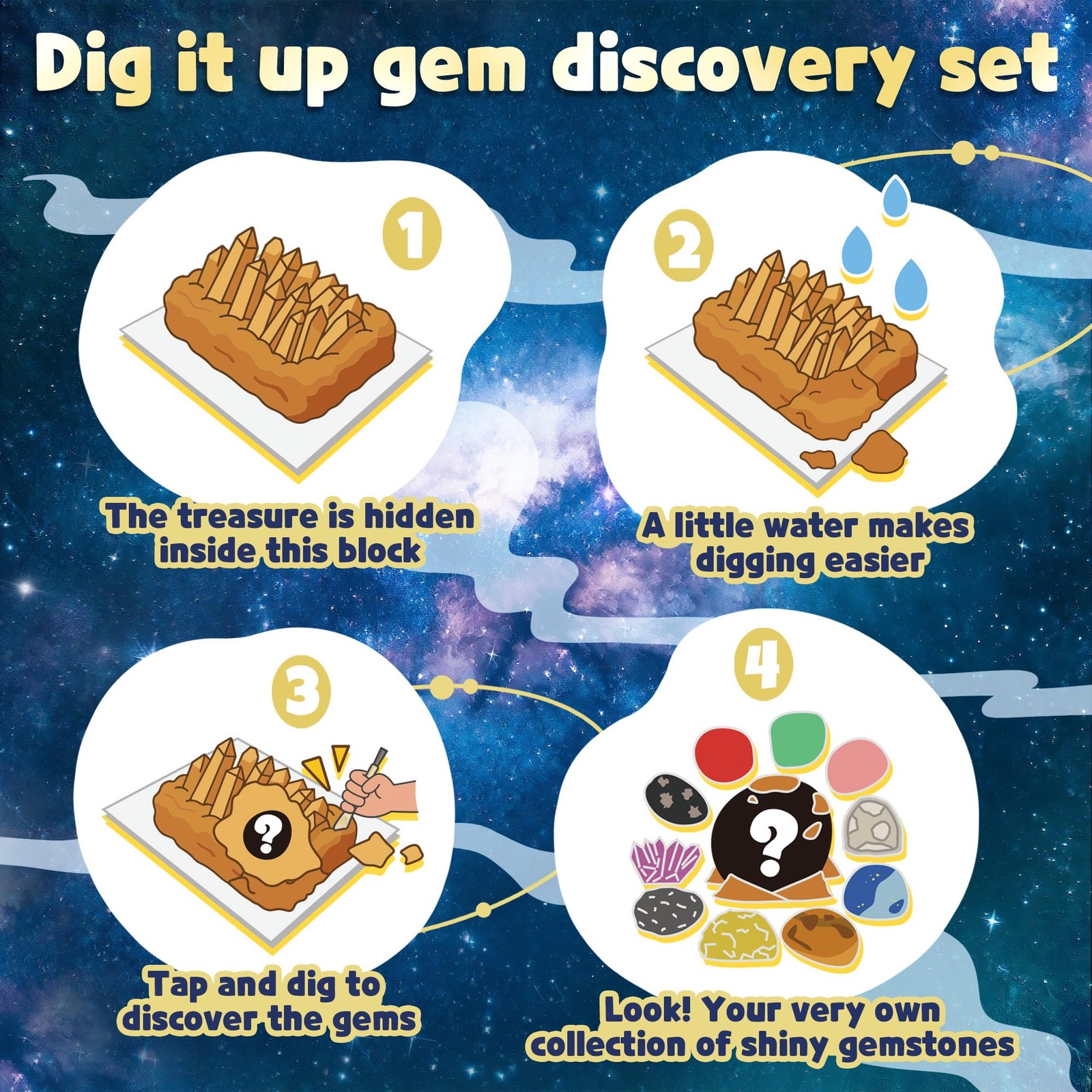 Gemstone Dig Kit for Kids with 2 Tools, Excavate 10 Real Gems, STEM Science M…