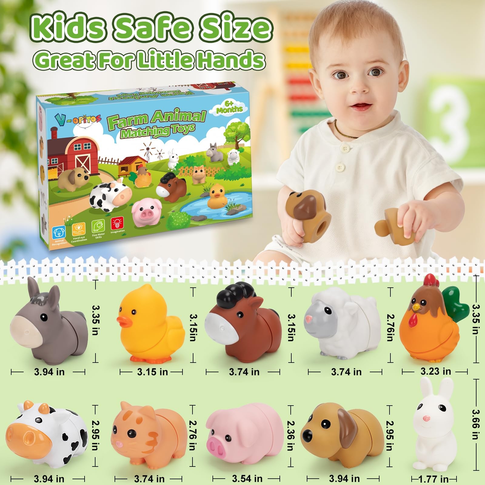 10 Pack Farm Animal Matching Toys, Montessori Gifts for 1-3 Year Old Toddlers