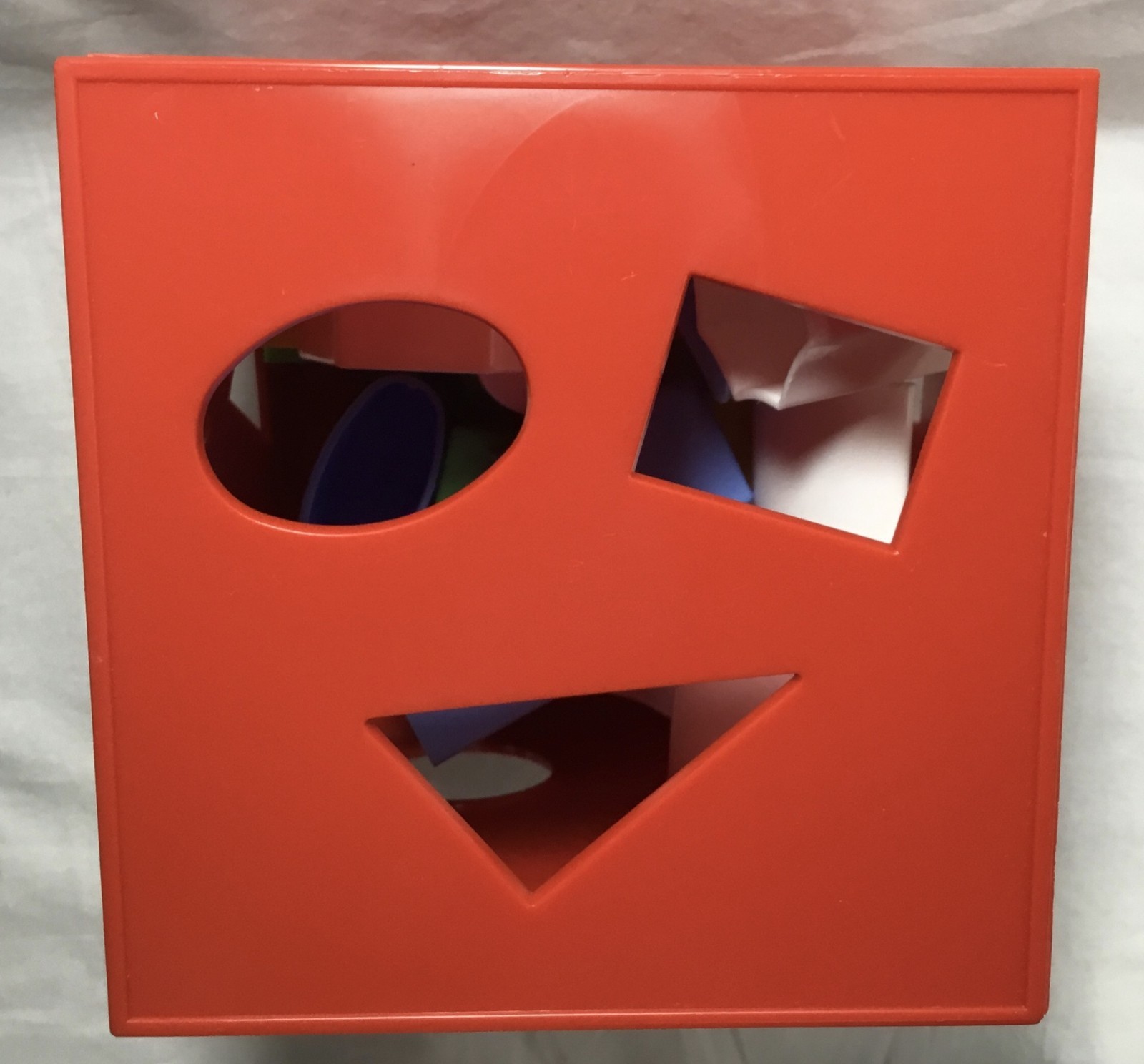 Toy shape sorter, Child Guidance, complete set 18 shapes, 5.5″ red cube