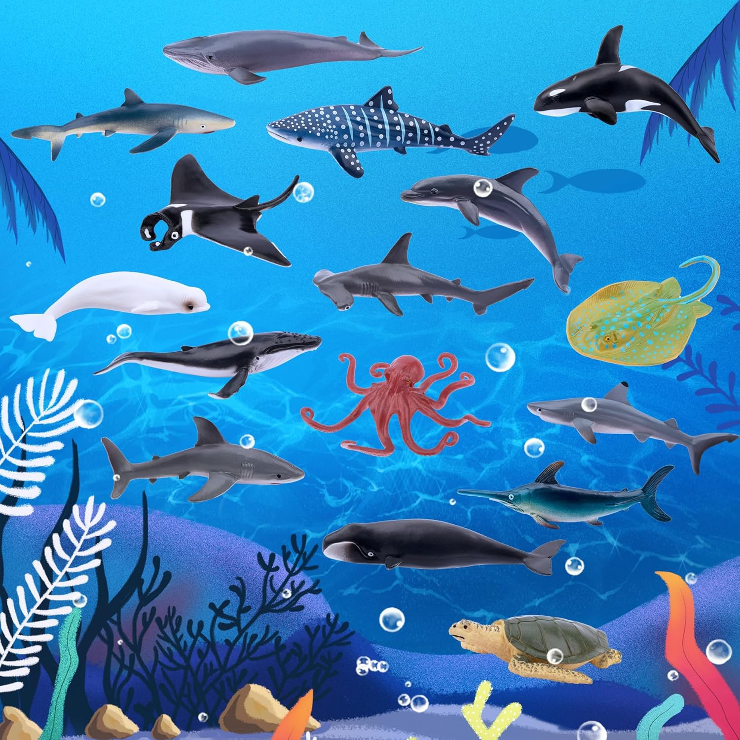 24Pcs Mini Ocean Animal Figurines: Realistic Cake Toppers with Sharks, Whales &