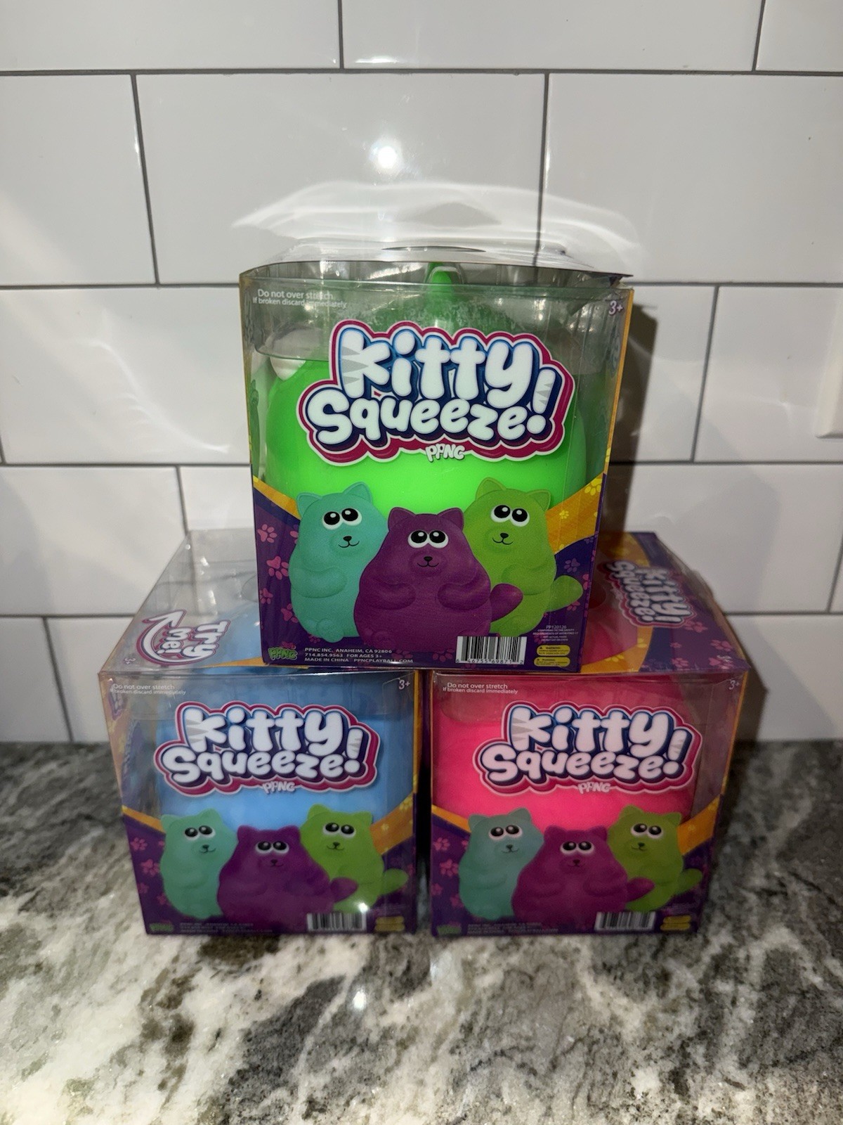 New PPNC KITTY SQUEEZE Set Of 3 Viral Squishy 🐱 – Pink Blue Green