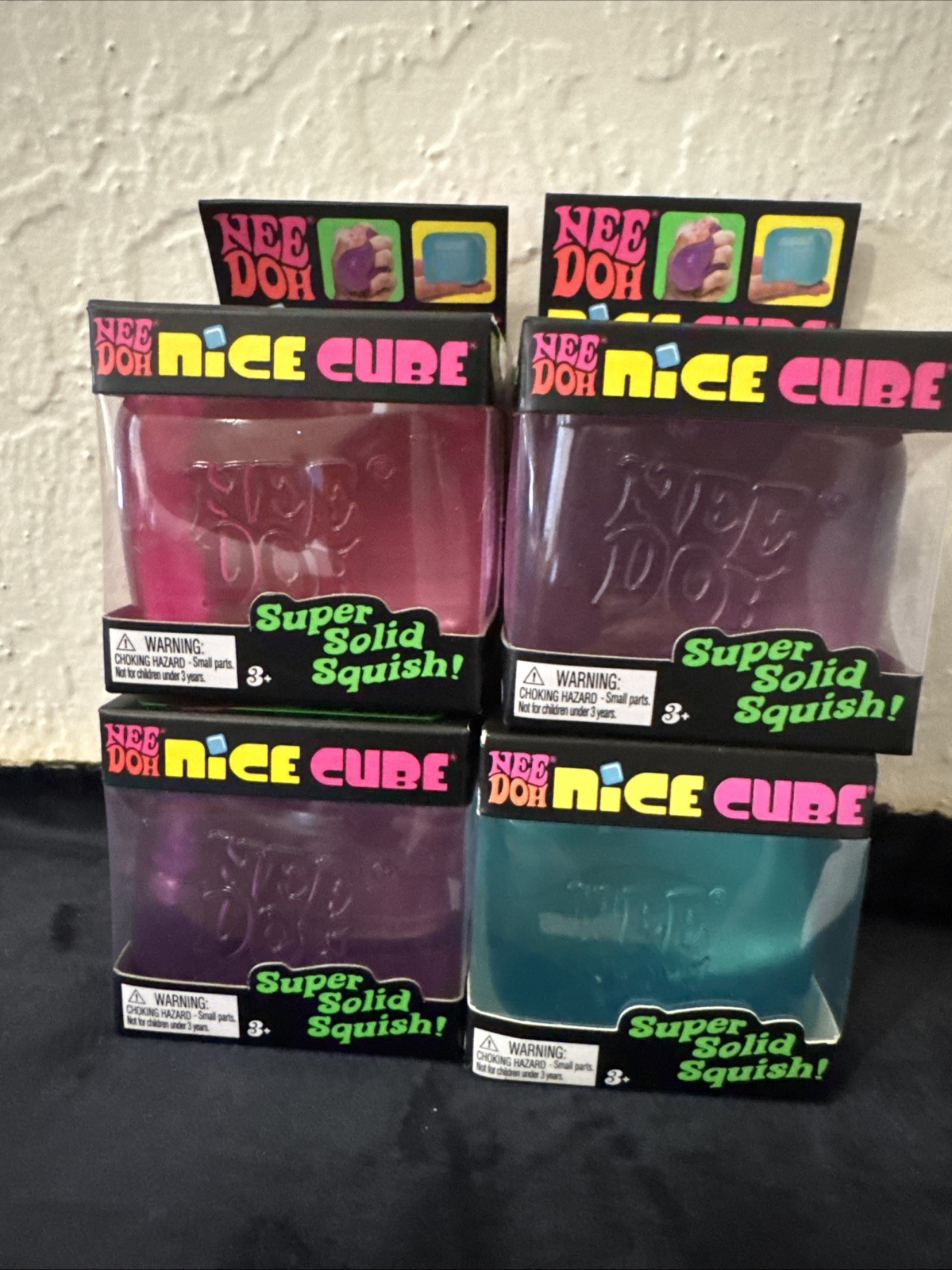 Display Lot Of 4 Needoh Nice Cube Super Solid Squish Blue Purple Pink Nee Doh