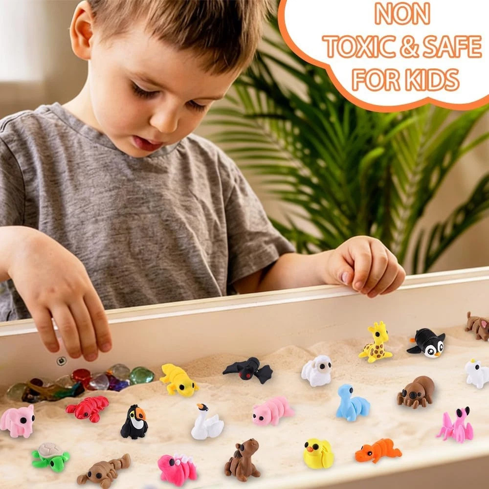 50 Pcs Mini 3D Printed Animal Figurines Set, Articulated Flexible Fidget Toys Cu