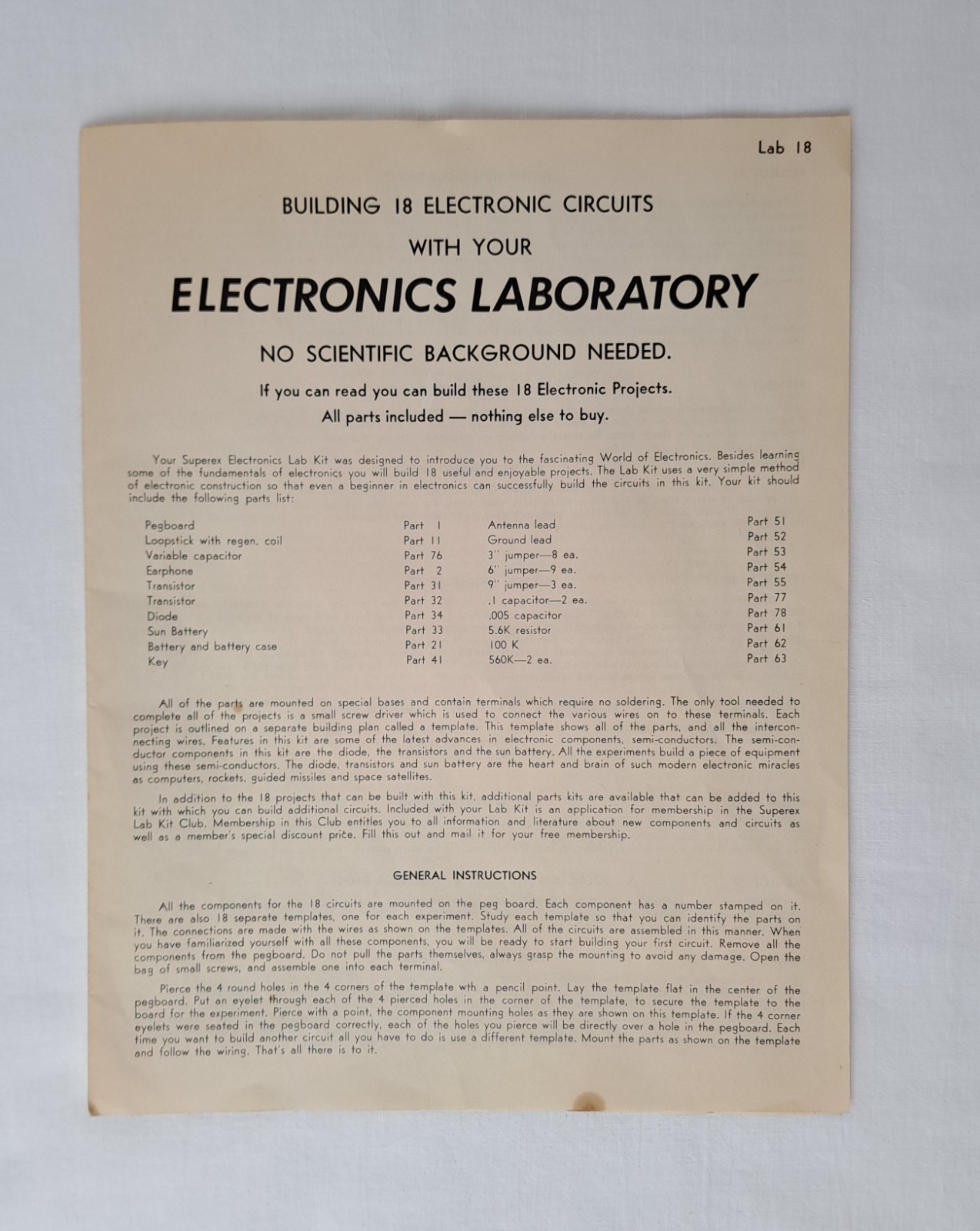 Superex Electronics Lab 18 Experiments Vintage Kit w/ Box – Manual – Parts