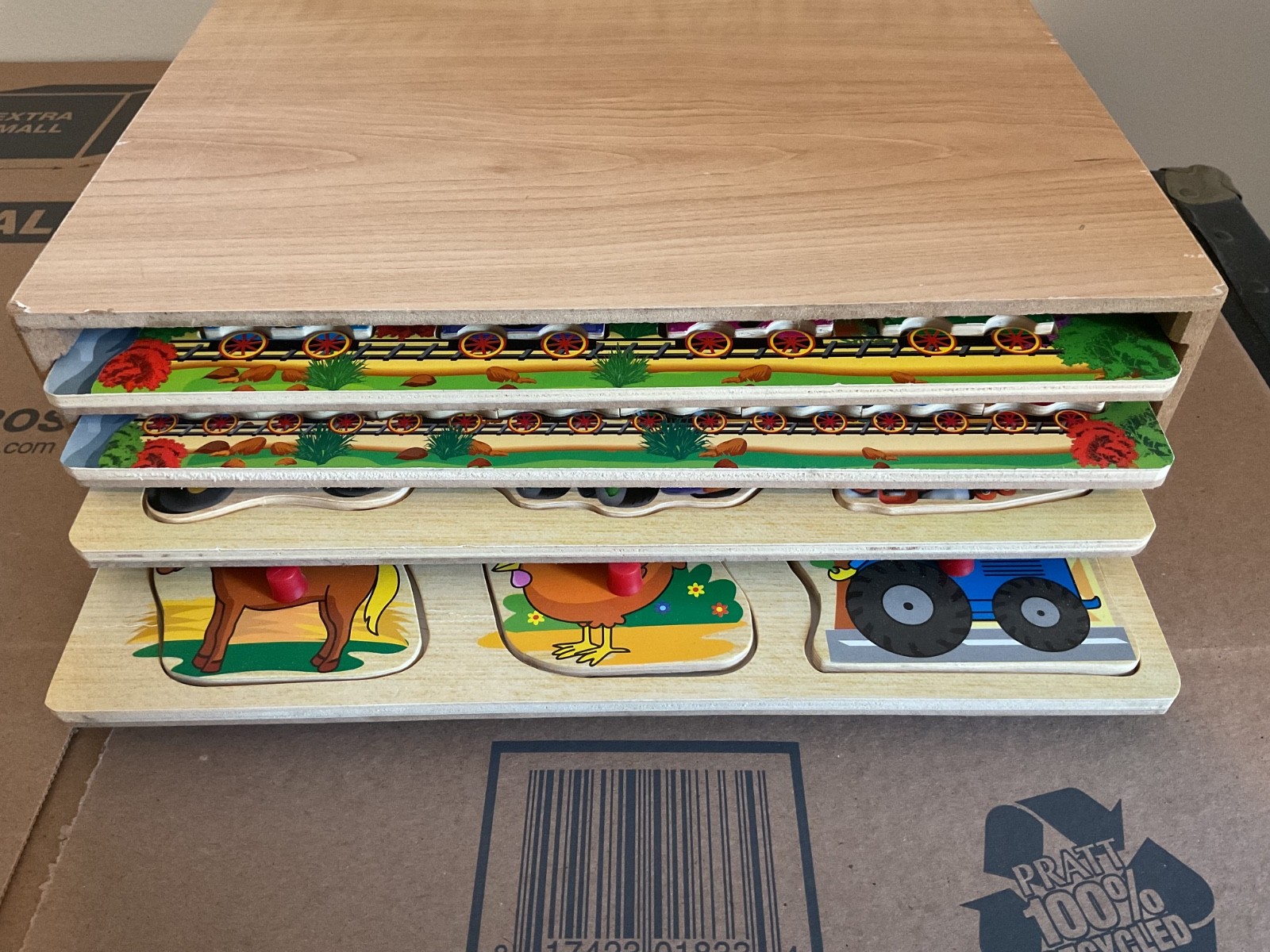 Lot of 4 Educational Wooden Peg Puzzles: Numbers, Letters, Vehicles, & Animals