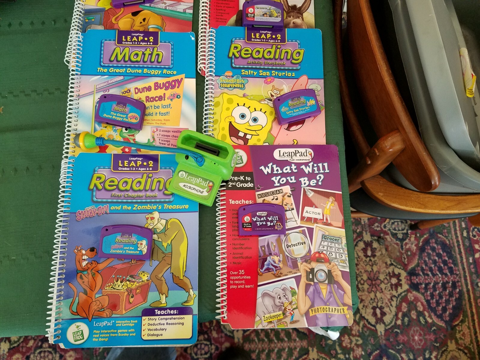8 LEAP FROG 1 and 2 Cartridges w/ Books Scooby Doo Spongebob Shrek Microphone
