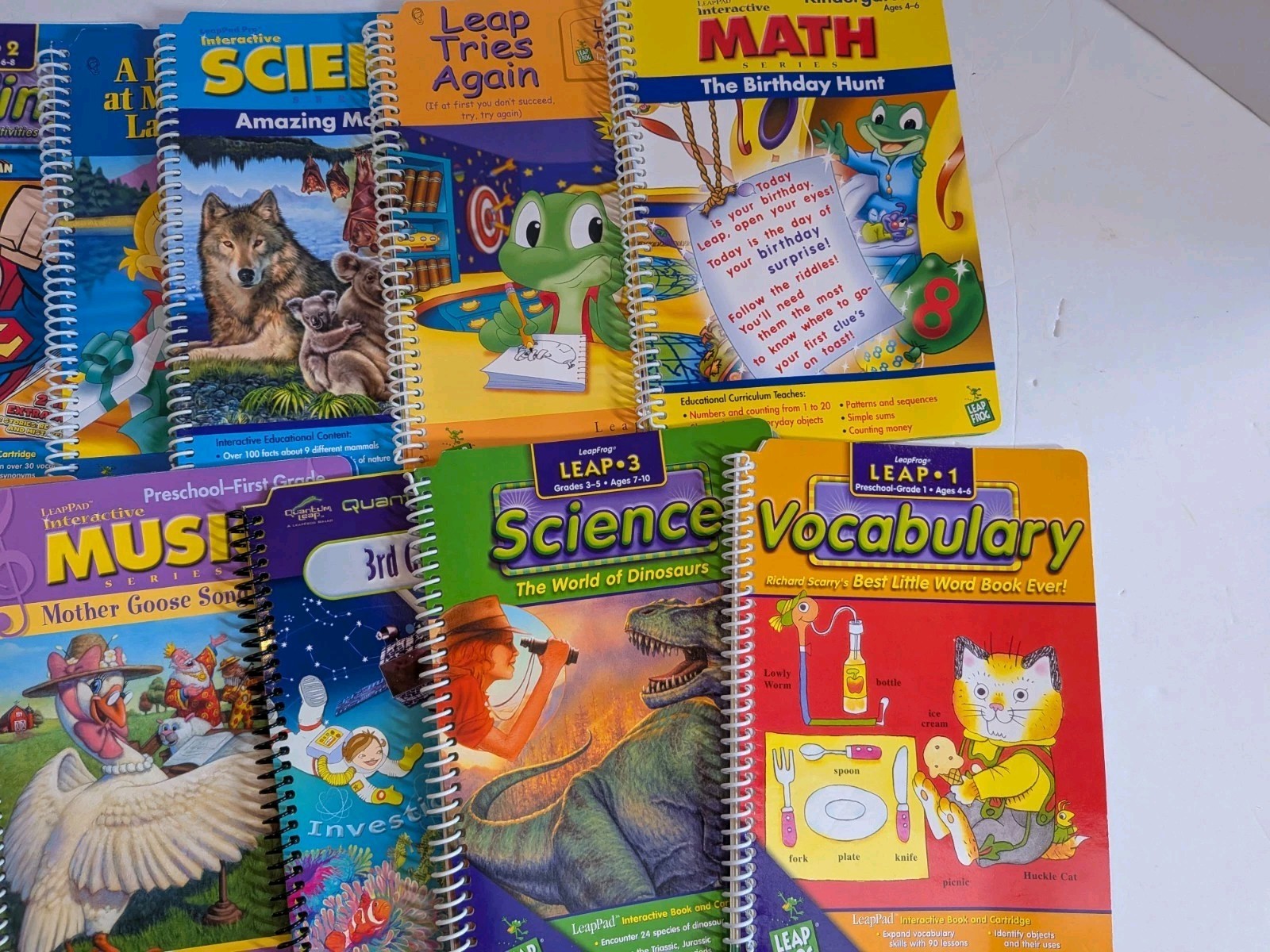 16 Leap Frog Leappad Book & Cartridge Lot & Storage Case Math Dinosaurs Scooby+