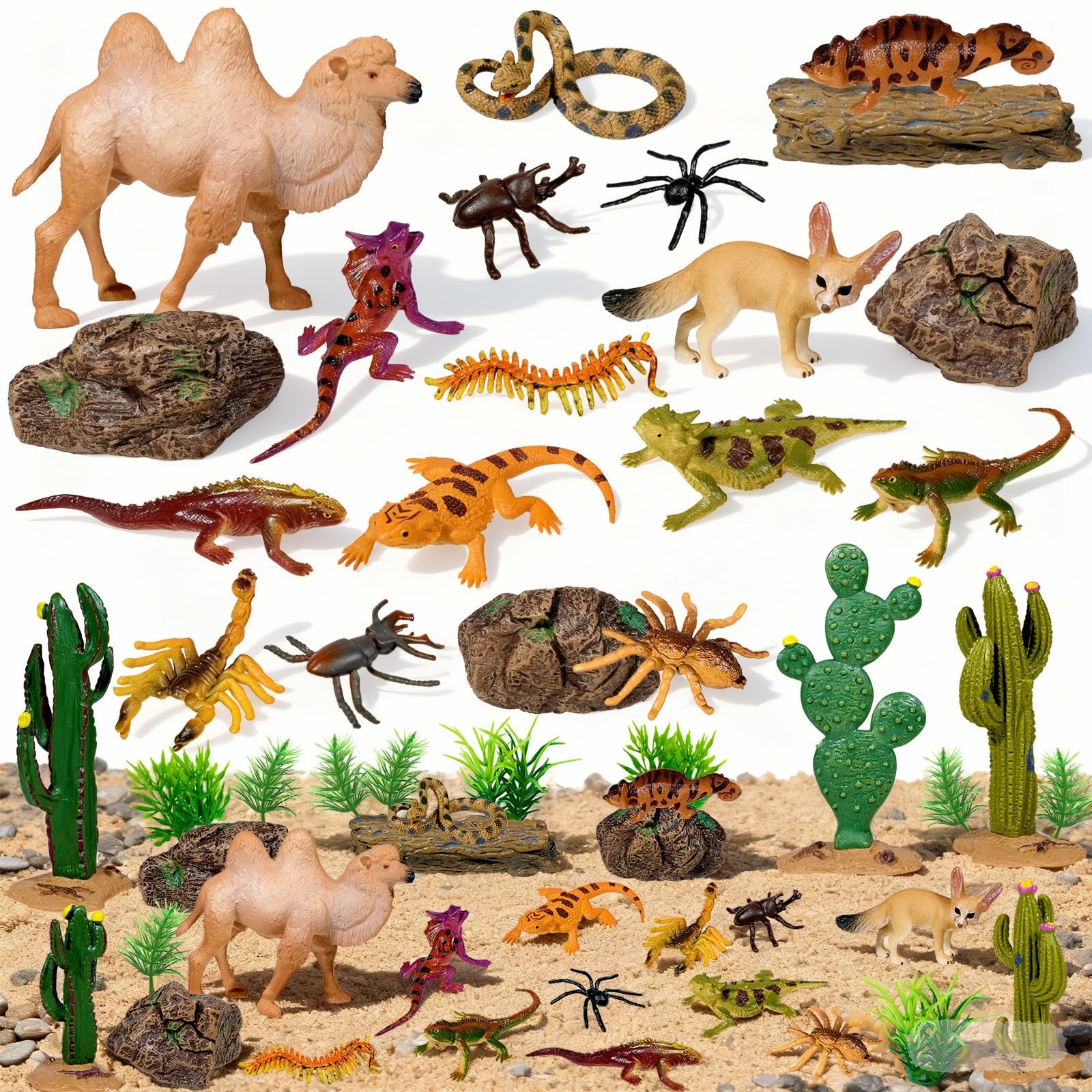 34 Pcs Desert Animals Figurines Set Model Trees Kit Desert Diorama Supplies A…