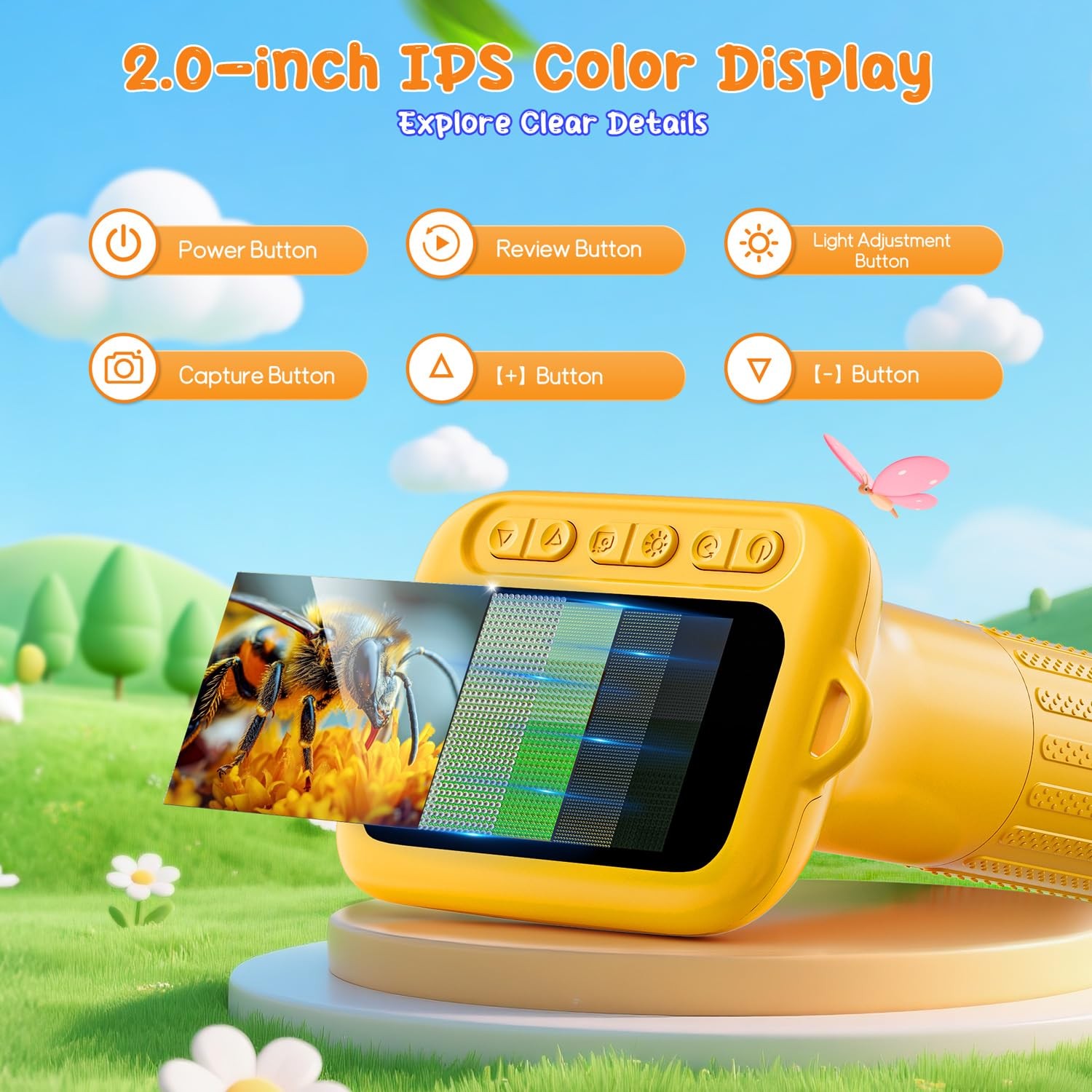 SKYBASIC Digital Microscope for Kids, 2″ Screen 1000X Handheld Yellow