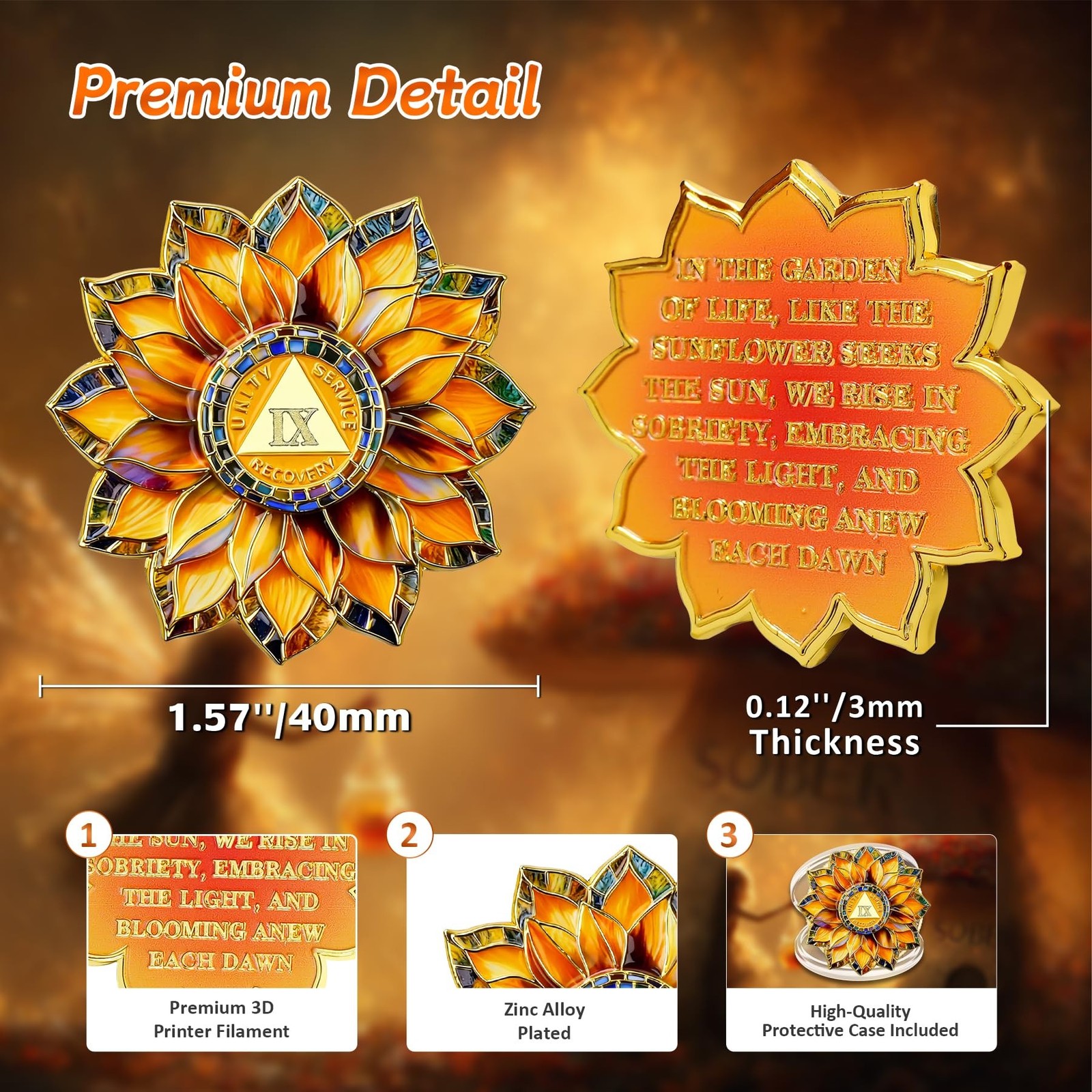 Sunflower 9 Year Sobriety Coin – Colorful Glass Broken and Rebuilt AA Coins -…