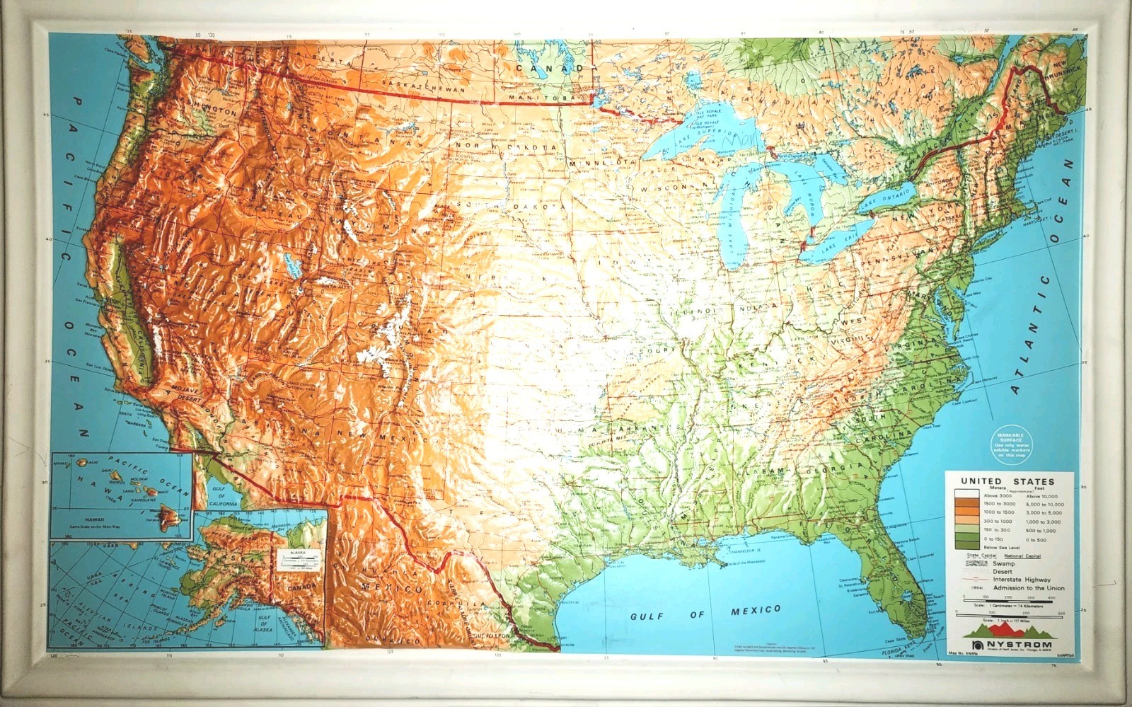 Rare Pair of Vintage A.J. Nystrom 3D Raised Relief USA & World Maps ca. 1960 NOS