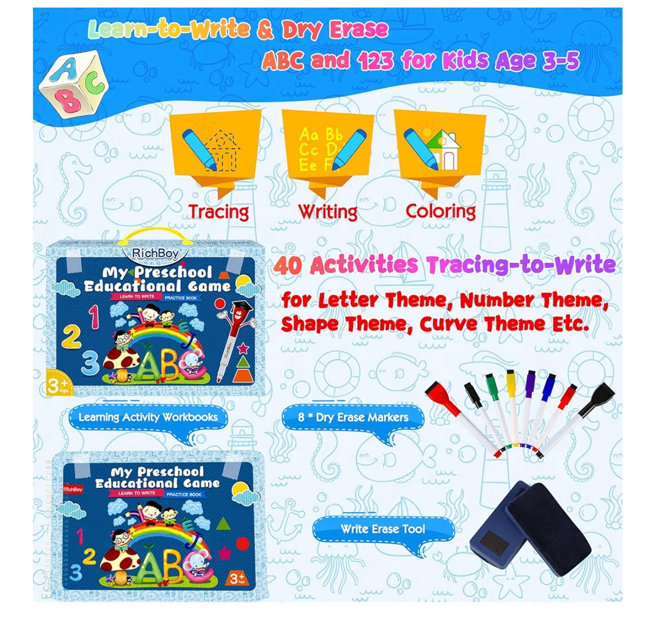 Tracing Books for Kids Ages 3-5, Dry Erase Letter Number Trace Pre K Workbook