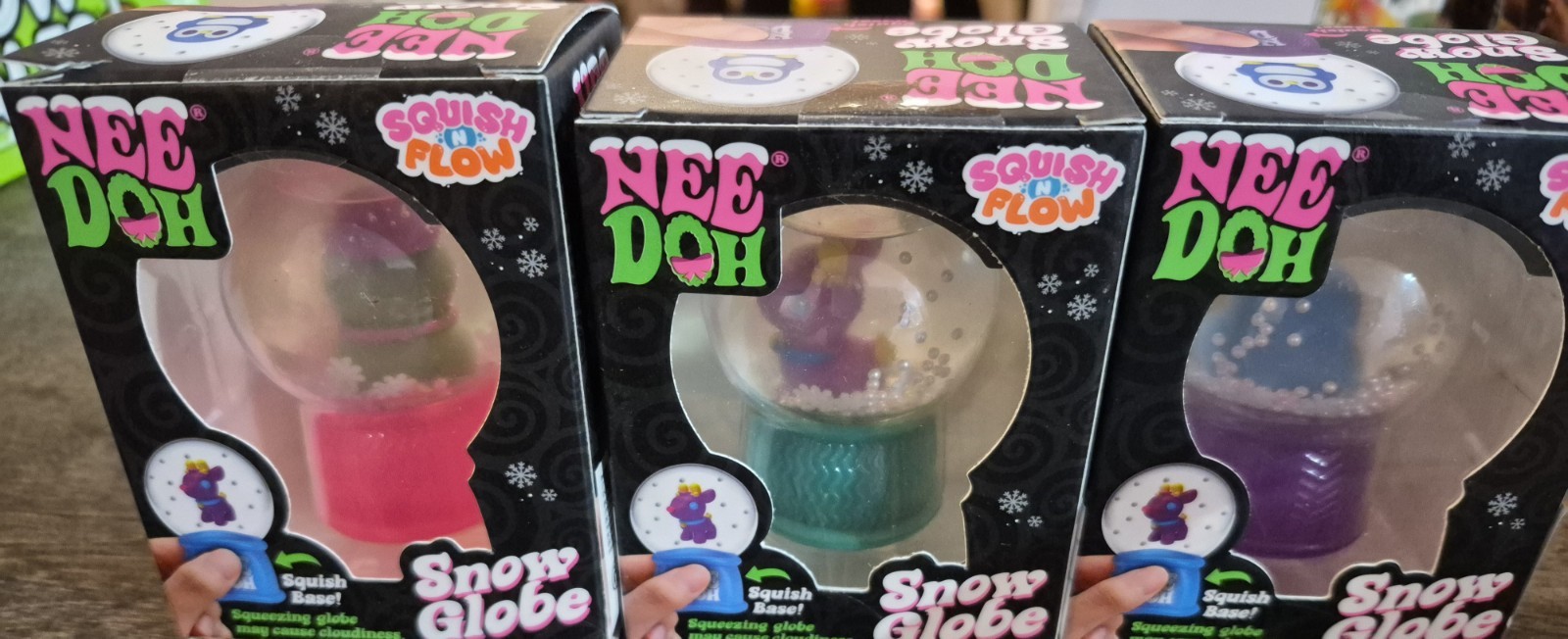 Nee Doh Squish N Flow Snow Globes Set W/Penny The Penguin Squeeze Toy Lot of 3