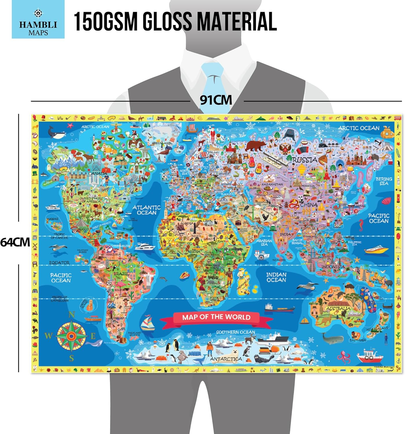 World Map for Kids Learning – Large Colorful 33” X 24” Illustrated World Map Edu