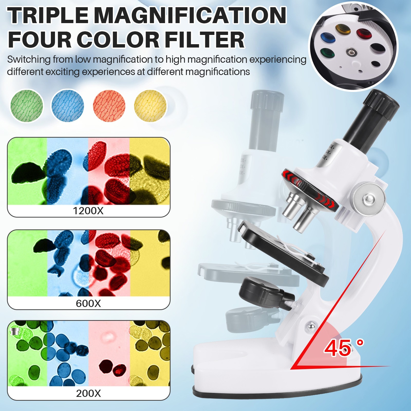 Beginner Microscope Science Kit for Kids 200X/600X/1200X Education Gifts