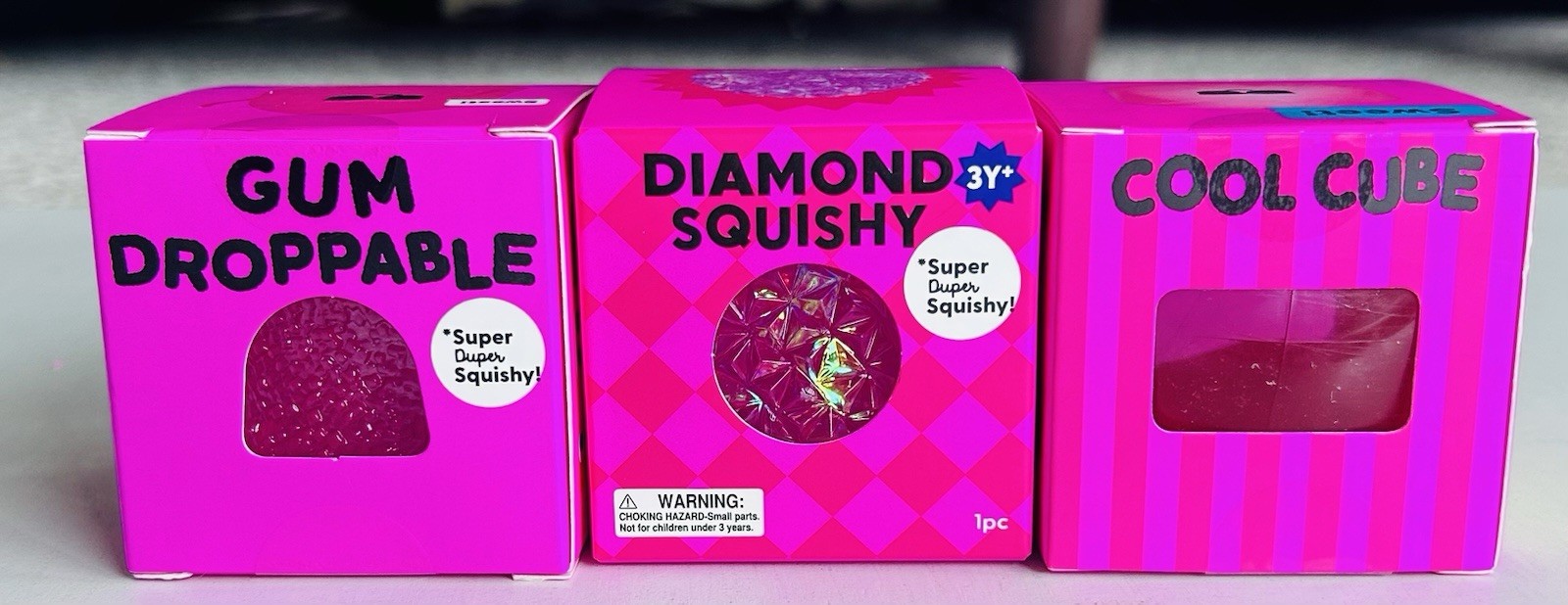RARE Pink J’adore Super Duper Squishy 3-Pack Cool Cube, Diamond, Gum Droppable