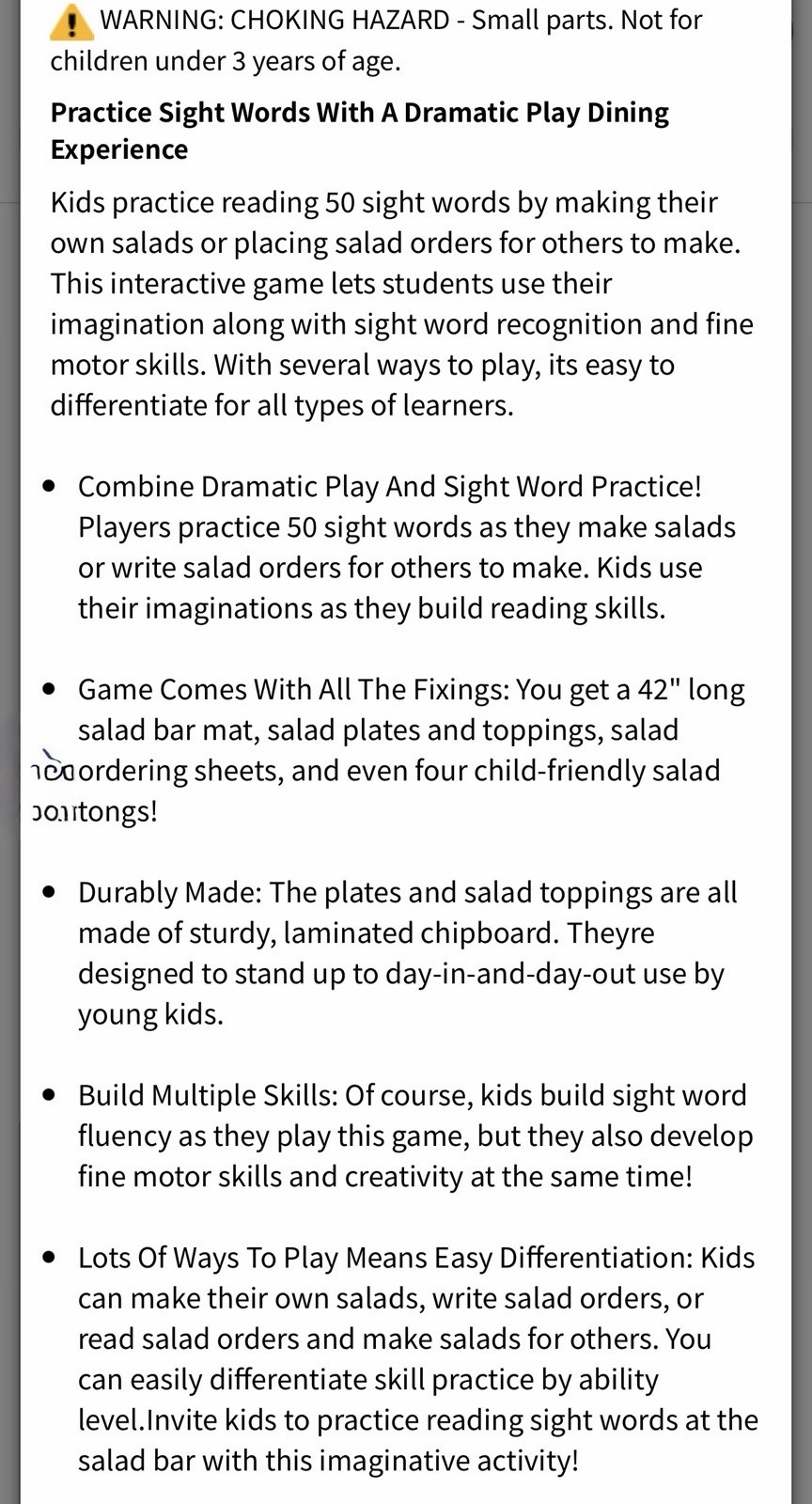 Sight Word Salad Bar Activity New Sealed Educational Homeschool