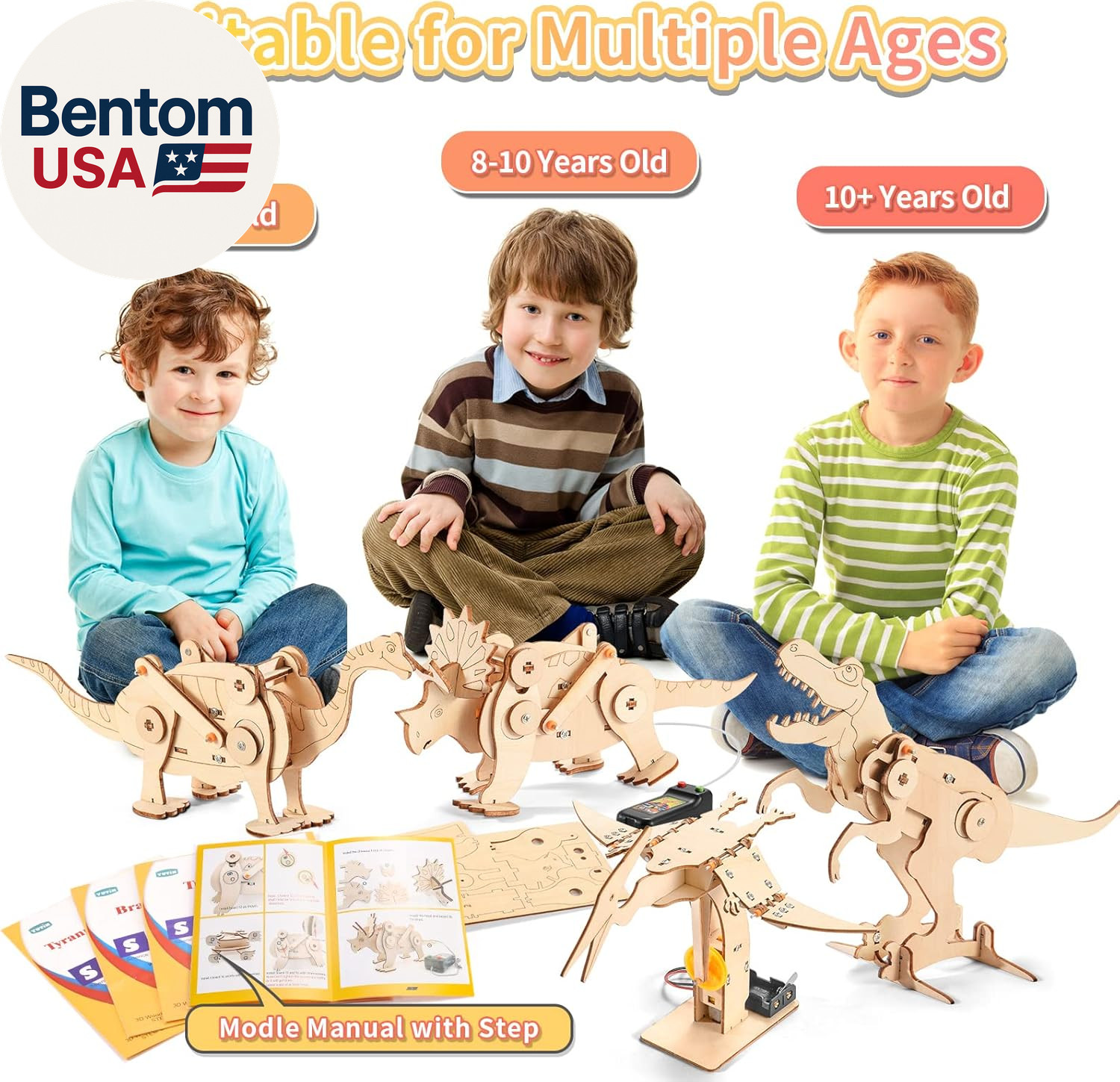 Dinosaur STEM Kits for Kids Ages 8-10-12, 4 in 1 Wood Building Toys for Boys Age