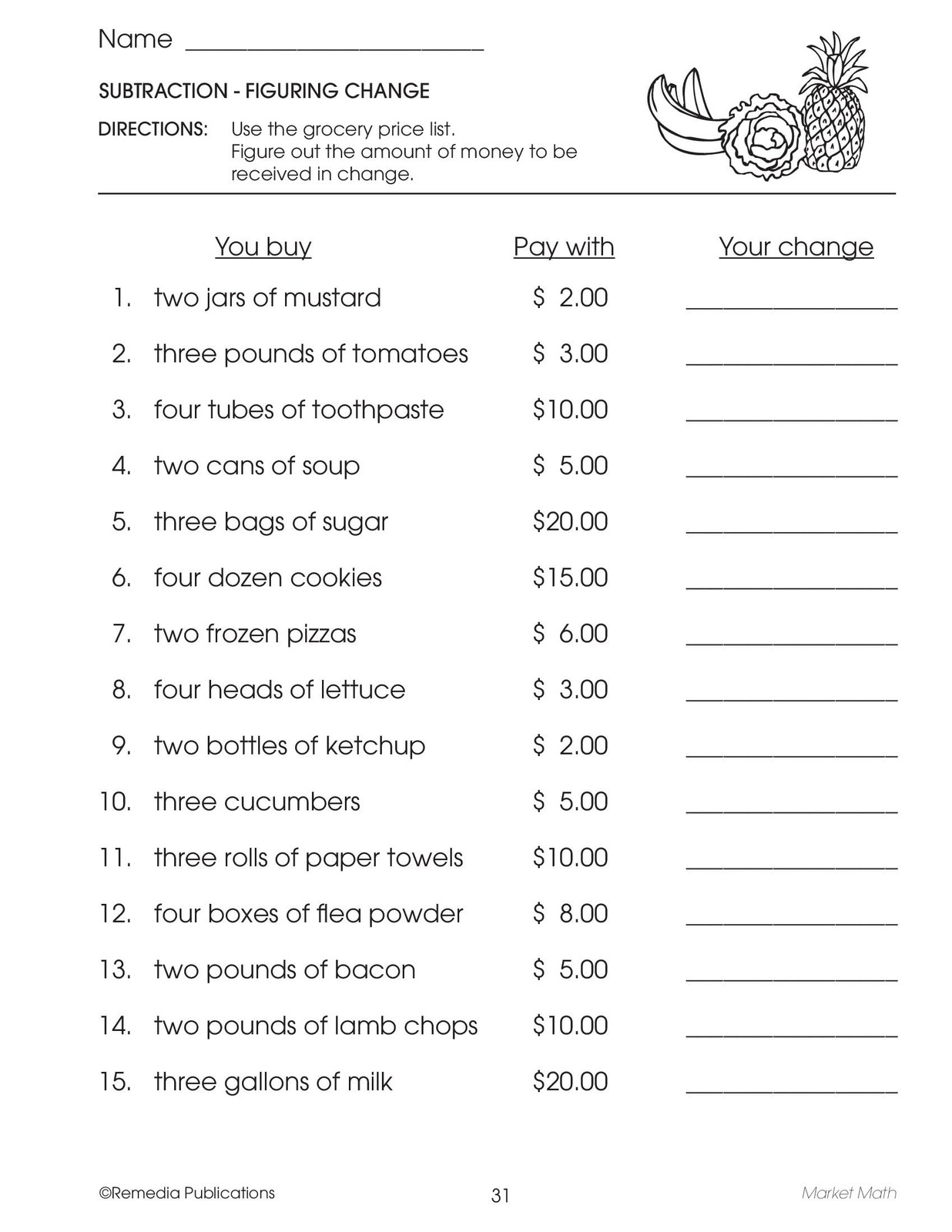 Remedia Publications Real Life Math Series Market Math Workbook For Grades 3-6