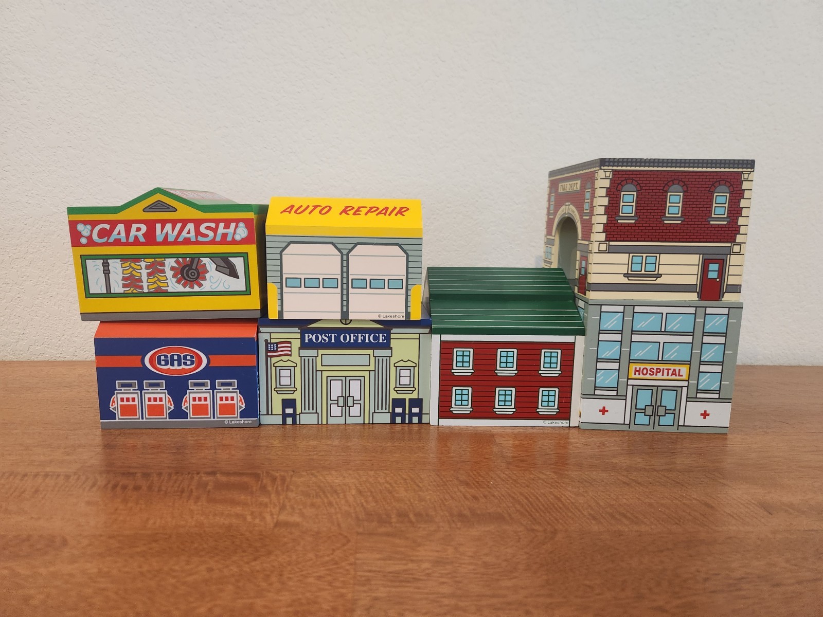Lot of 7 Lakeshore Learning Wood Toy Block Party Buildings Drive Through