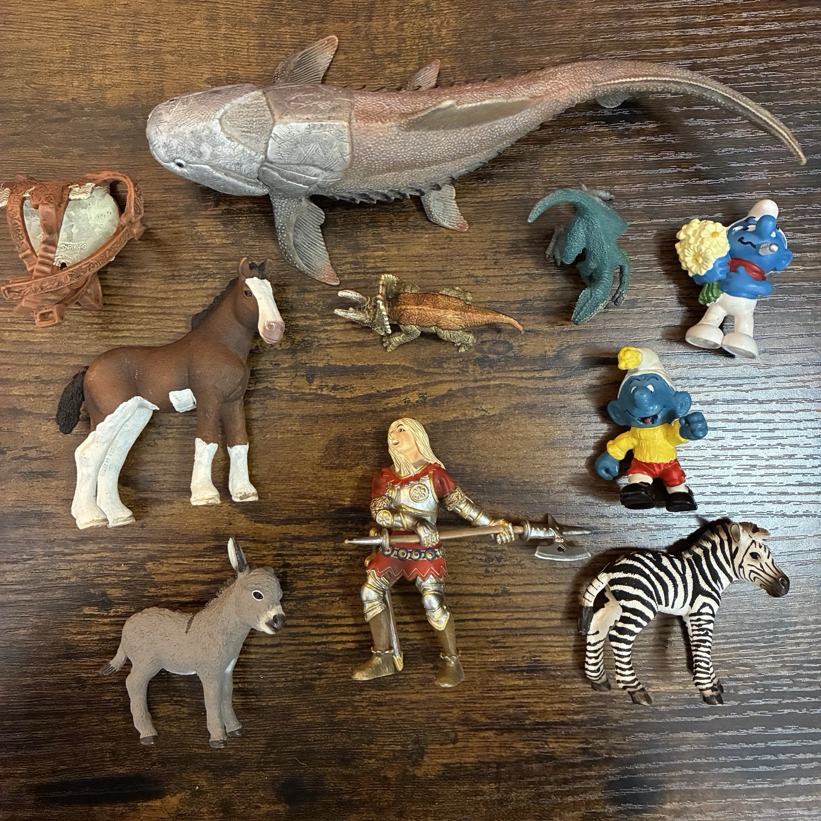 Schleich Figure Lot Animals Knight Dinosaurs Smurfs 1978 2012 Horse Saddle Zebra