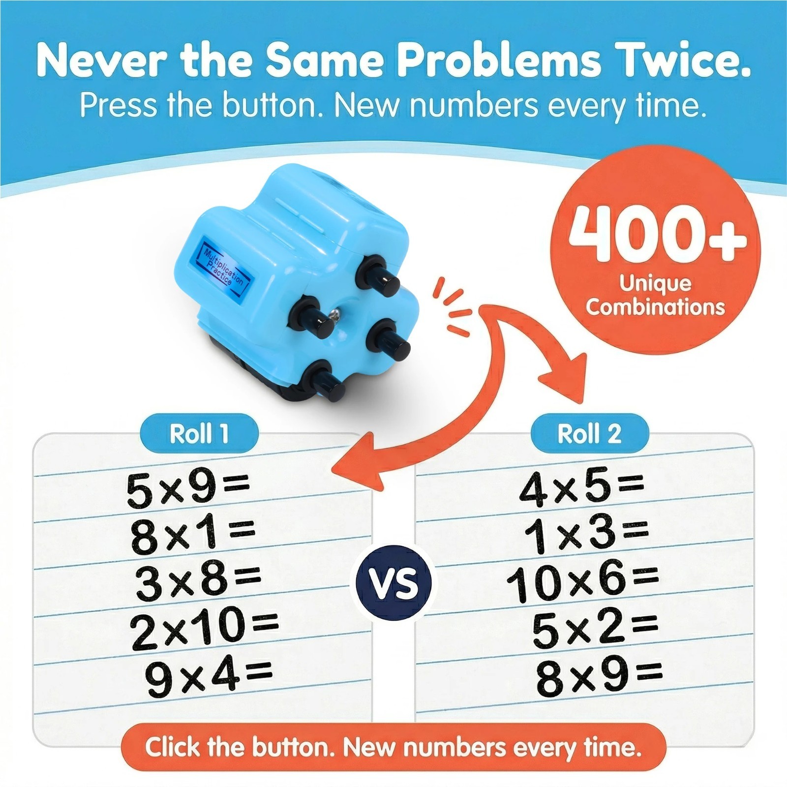 GoldenEgg Math Teacher 4-in-1 Stamp Roller for Kids Ages 5-10 (SKY BLUE)