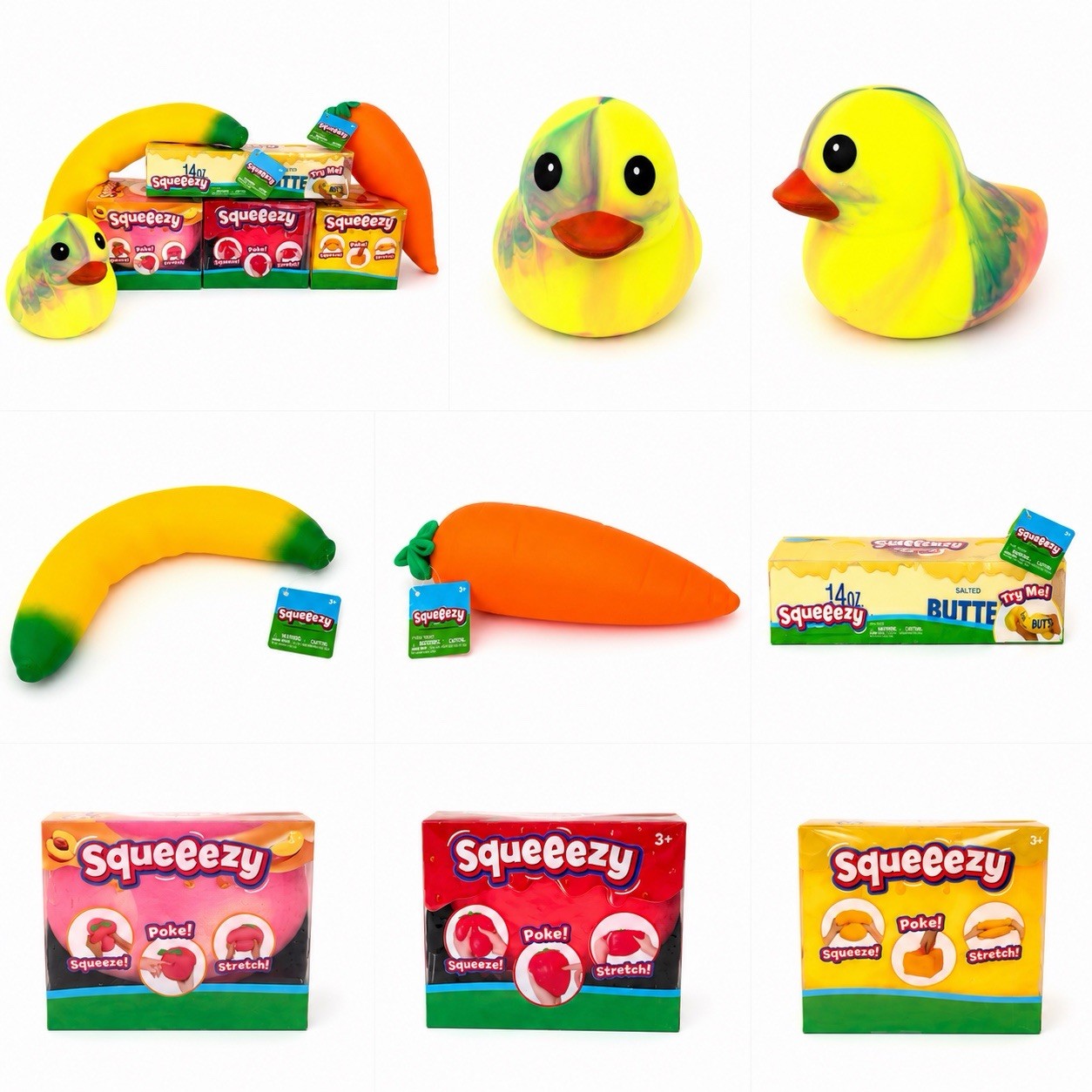 Sunny Days Squeezy Jumbo Banana Carrot Butter Cheese Peach Strawberry Duck Lot 7