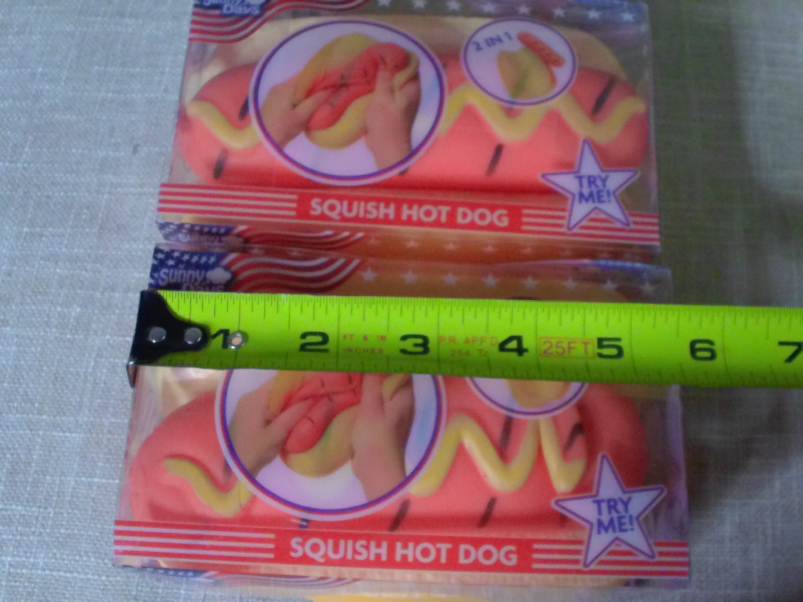 2-Squishy Hot Dog Squeezy Fidget Toy Sunny Days 2-in-1 Hotdog Stress Relief NEW