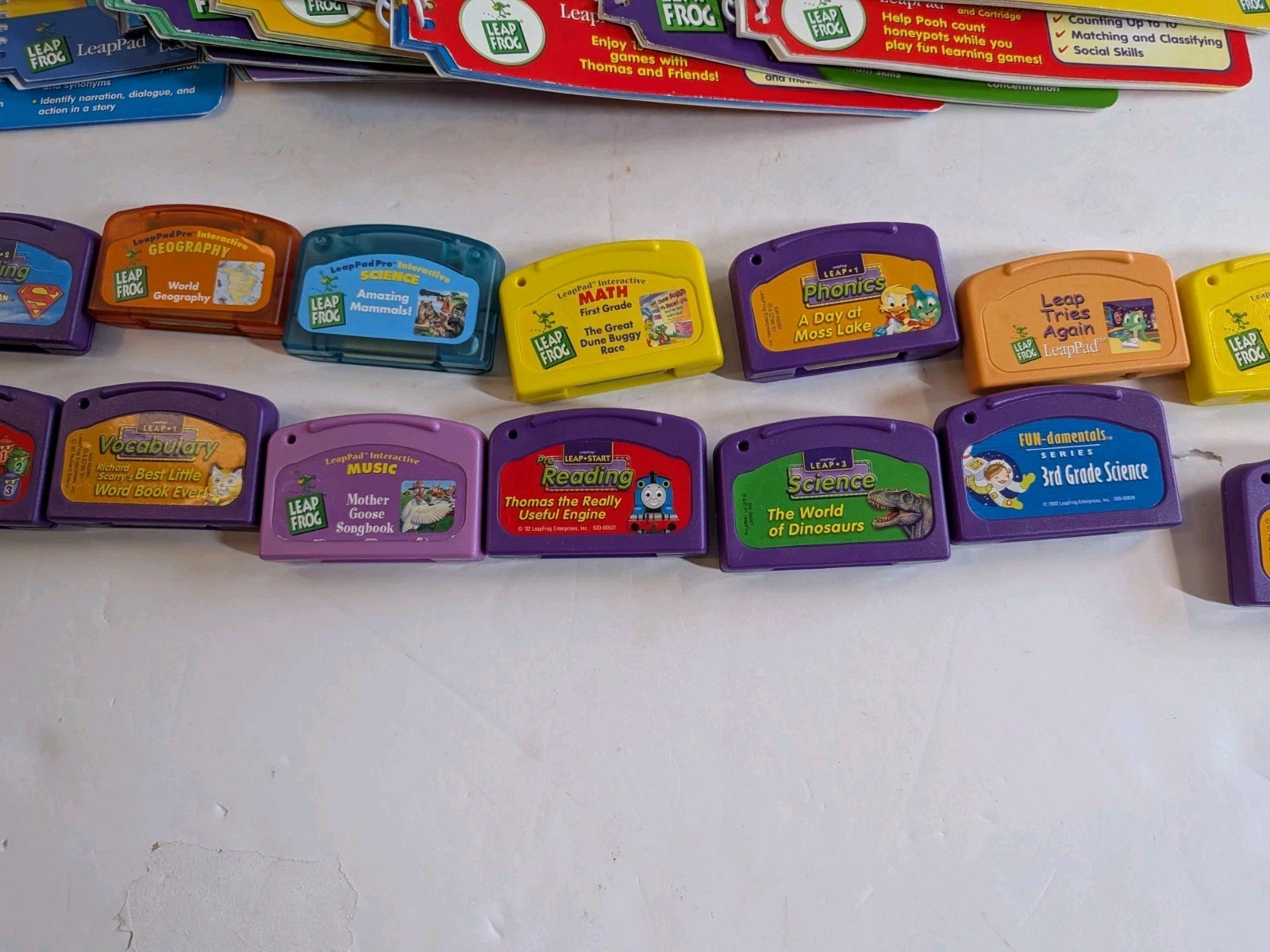 16 Leap Frog Leappad Book & Cartridge Lot & Storage Case Math Dinosaurs Scooby+