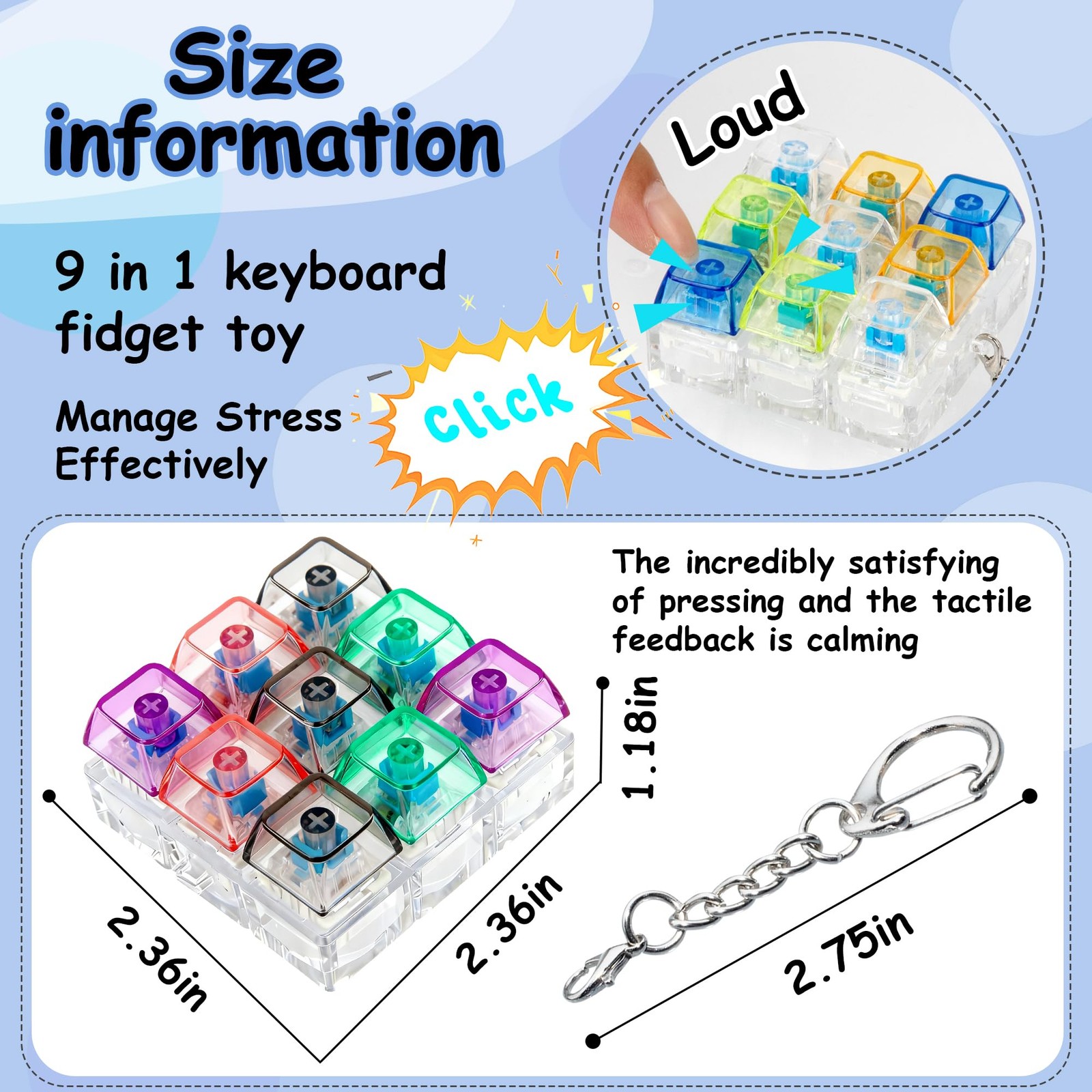 2 Pack 9 in 1 Keyboard Fidget Toy, 2.36 X 1.18 Inches, Mix Transparent
