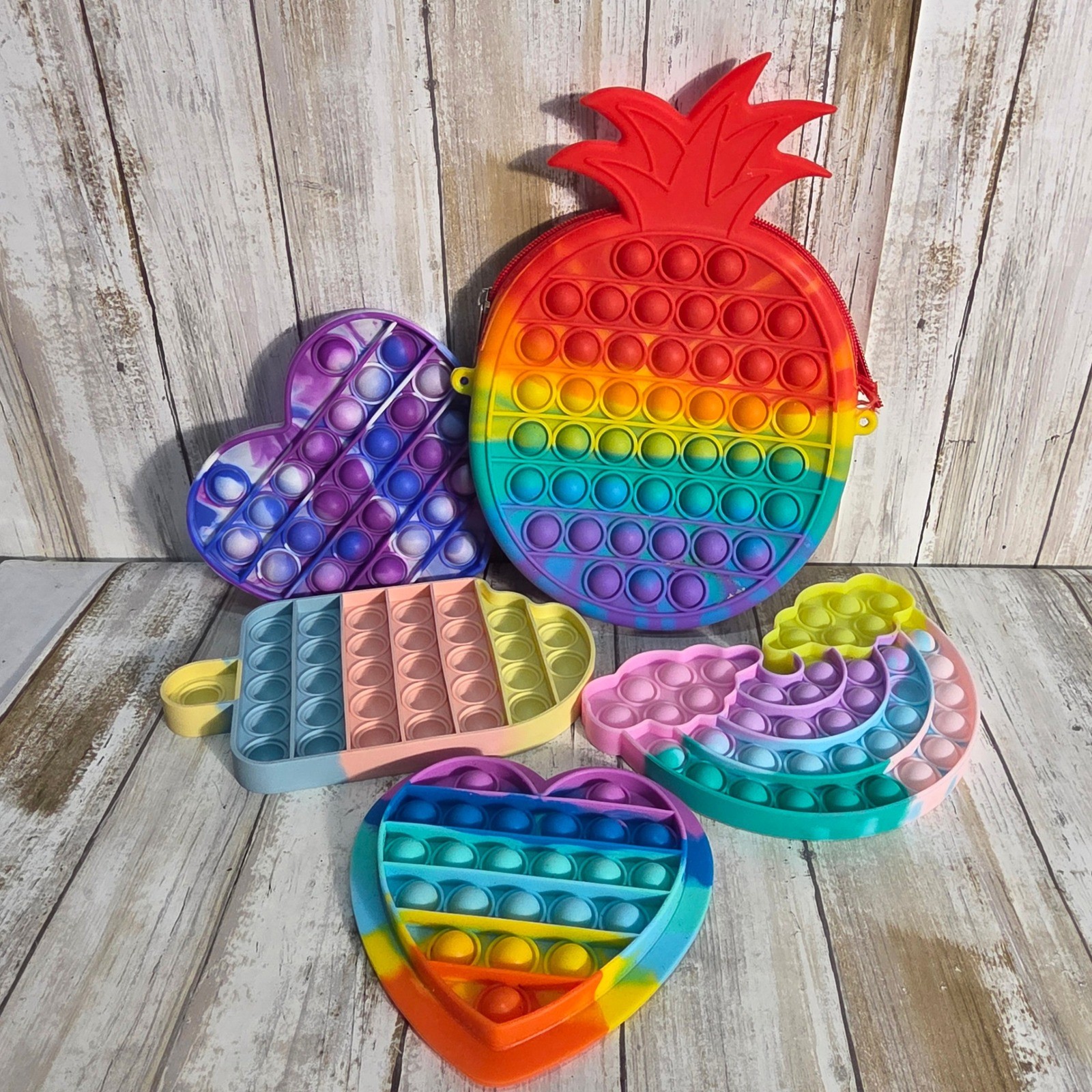 5pc Rainbow Pop Fidget Toy Set Pineapple Purse Heart Popsicle Sensory Toys