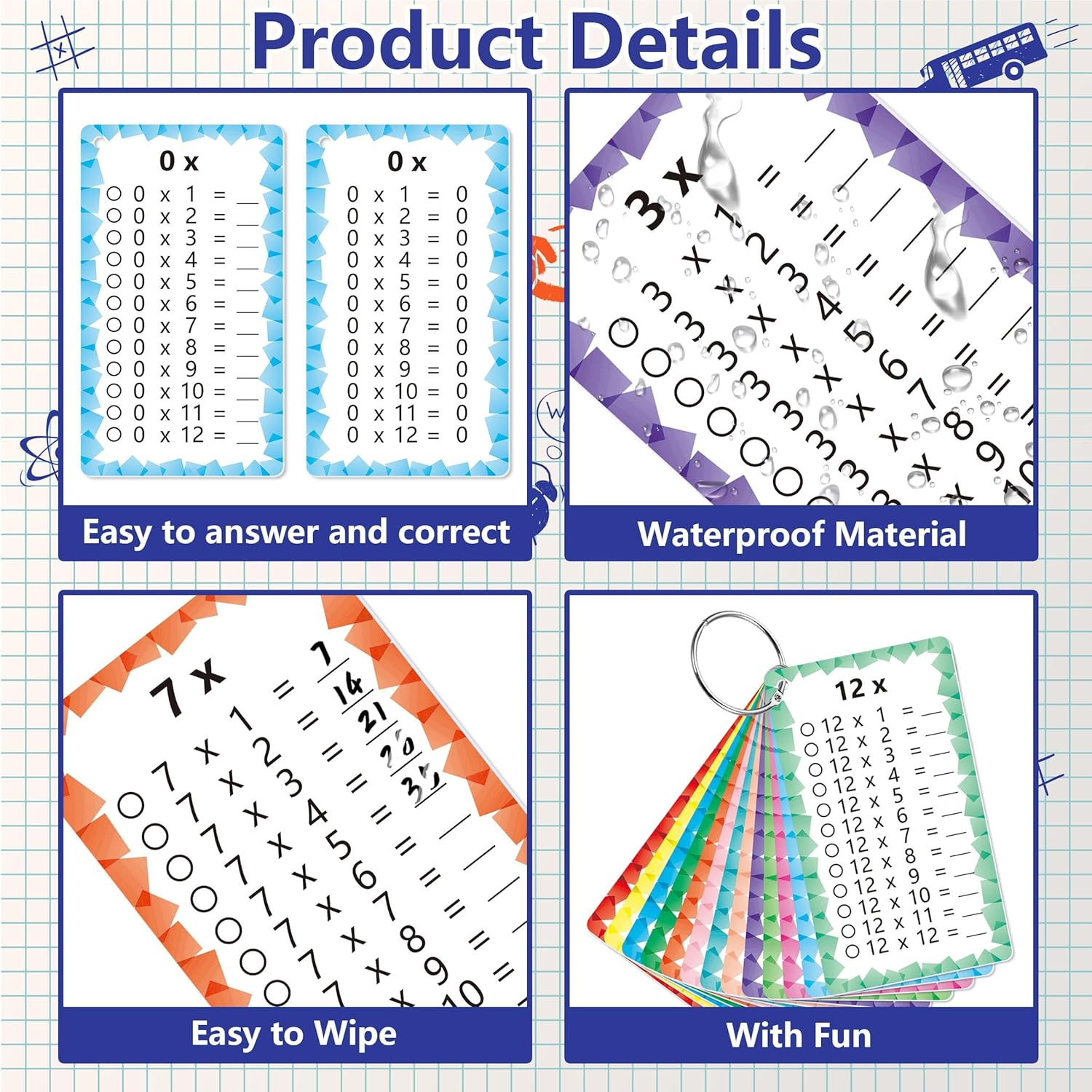 1 Set of 13 Multiplication Flashcard Math Game Times Table Flash Cardstock with