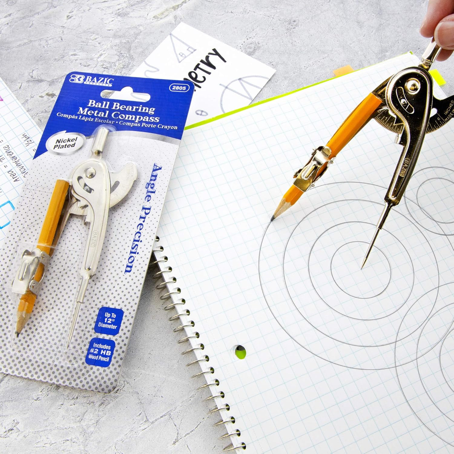 Geometry Math Compass Set W/Scale-Arm, Nickel Plated Metal Ball & HB Wood Penci
