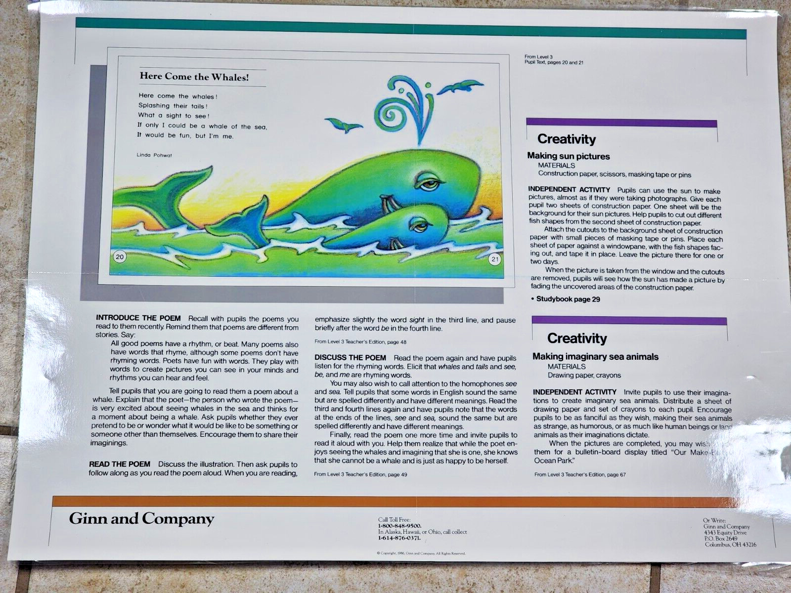 GINN READING PROGRAM POSTER HERE COMES THE WHALES LINDA POHWAT VINTAGE